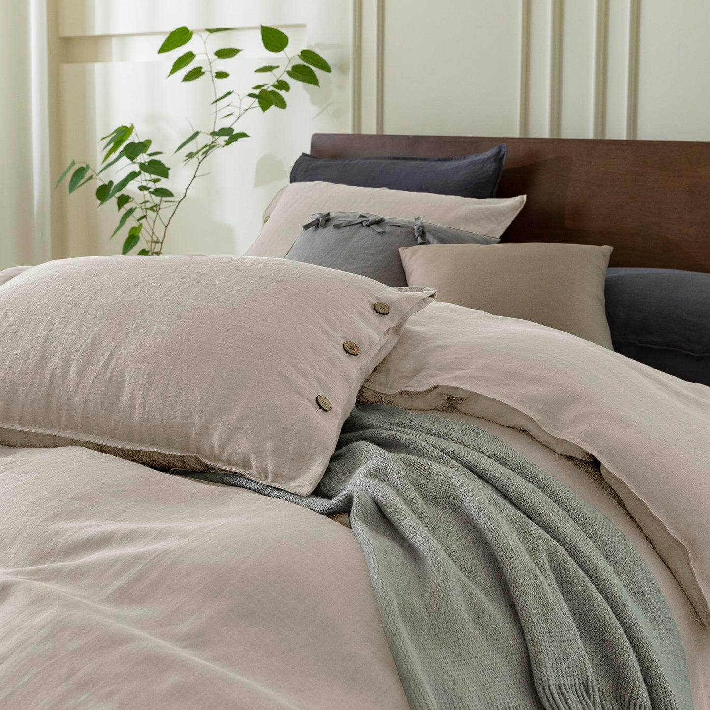EVERLY 100% Pure Linen Duvet Cover Set Queen Size90X90Inch 3pcs (1 Duvet Cover,2 Pillowcases) Soft and Breathable for All Season with Coconut Button Closure, Suitable for Hot Sleepers-Linen-Queen