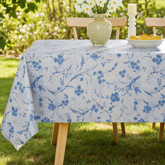 SASTYBALE Vinyl Tablecloth with Flannel Backing Rectangle 52 x 70 Inch, Floral Waterproof Wipe-able Rustic Plastic Tablecloth, Pastoral Table Cover for Dining, Picnic, Indoor, Outdoor, Blue