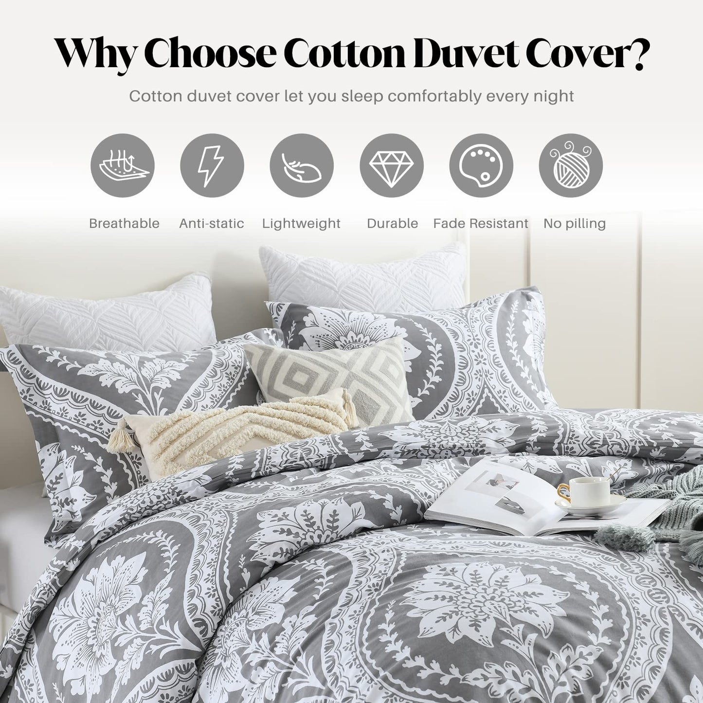 CozyDH Cotton King Size Duvet Cover Paisley Print, Reversible Damask Medallion Percale Duvet Cover Set 3pcs Bed Cotton Quilt Cover, Cotton Soft Breathable Bedding (King, Grey White Floral)