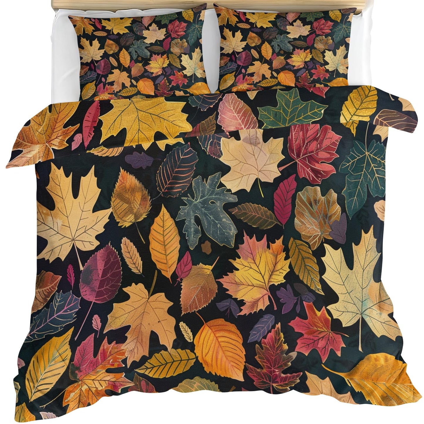 ZAMODE Fall Leaf Duvet Cover 120" x 98", Vintage Leaves Bedding Set, Autumn Plant Comforter Cover with Zipper Ties
