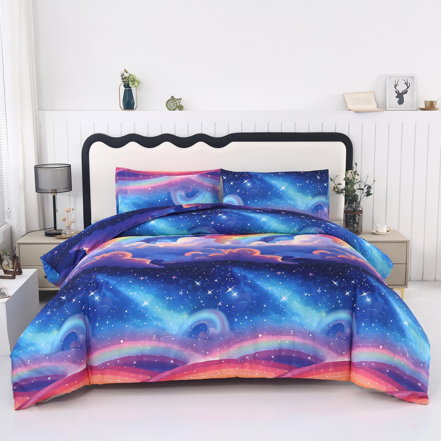 MAG 3Pcs Rainbow Twin Comforter Sets,Colorful Microfiber Digital Printing,Space Galaxy Theme Bedding Set,All Season with 1 Comforter + 2 Pillowcases for Kids Boys and Girls,Breathable and Wrinkle.