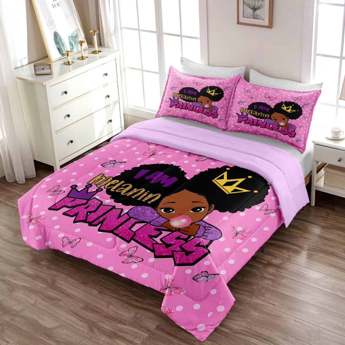 GRAT TIOC Little Black Girl Comforter Sets Twin Size,Black Girl Magic Bedding Set,Cute Little Princess Comforter Set for Kids Melanin Bedroom Bed Sets