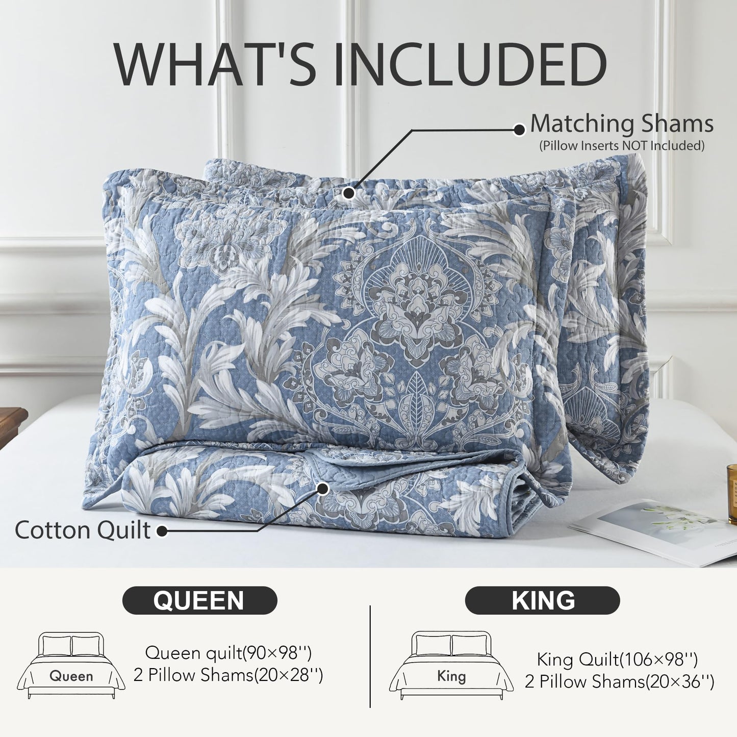 BCOTTOND King Size Quilt Set - Dusty Blue and Gray Quilt Set King, 100% Cotton Floral Bedspread Set 3 Piece, Classic Damask Bedspread, Reversible Lightweight Quilt Bedding Set