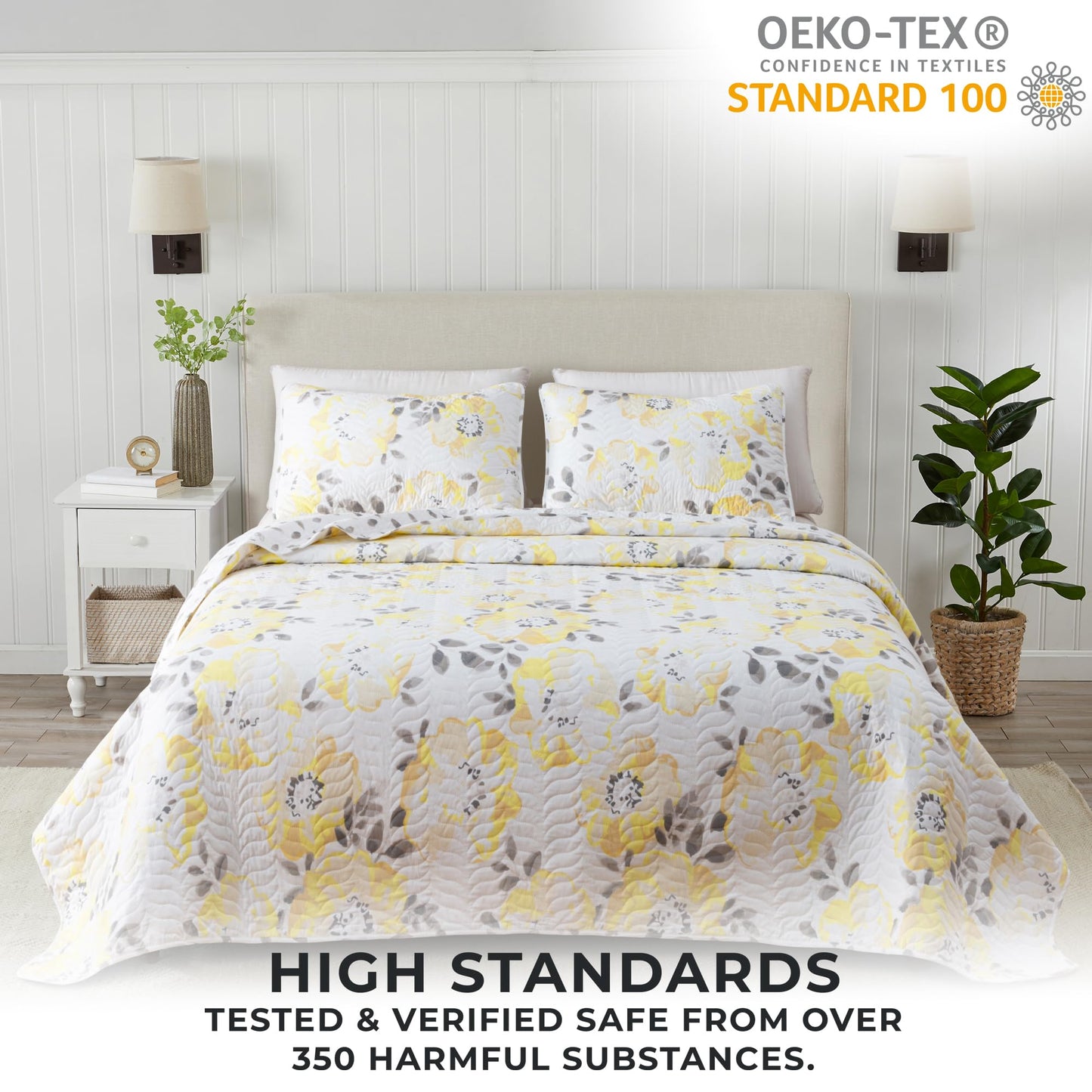 Great Bay Home Floral Twin/Twin XL Quilt Set with Shams, Yellow Floral Bedding Set, All-Season, Lightweight Bedspread. Reversible. Farmhouse Bedding. (Twin/Twin XL, Helene)