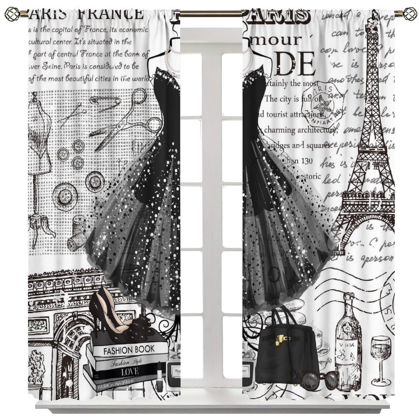 Fashion Curtains Eiffel Tower Black Skirt High Heels Pattern for Girls Woman Bedroom Print Decor Rod Pocket Window Drapes for Bedroom Living Room 42x45in