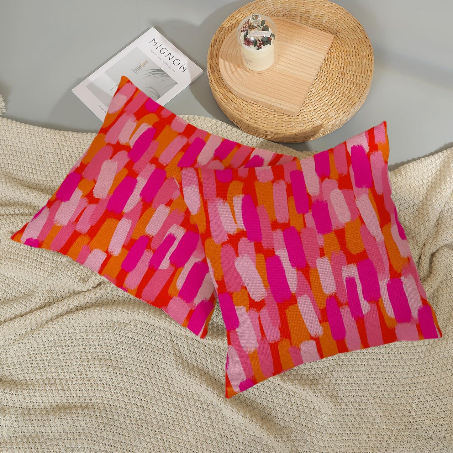 GOLIANDA Hot Pink Orange Pillow Covers 18x18 Inch Set of 2 Abstract Preppy Throw Pillows Painting Outdoor Decorative Pillow Cases Linen Aesthetic Boho Cushion Cover for Couch Home Sofa Bed Decor