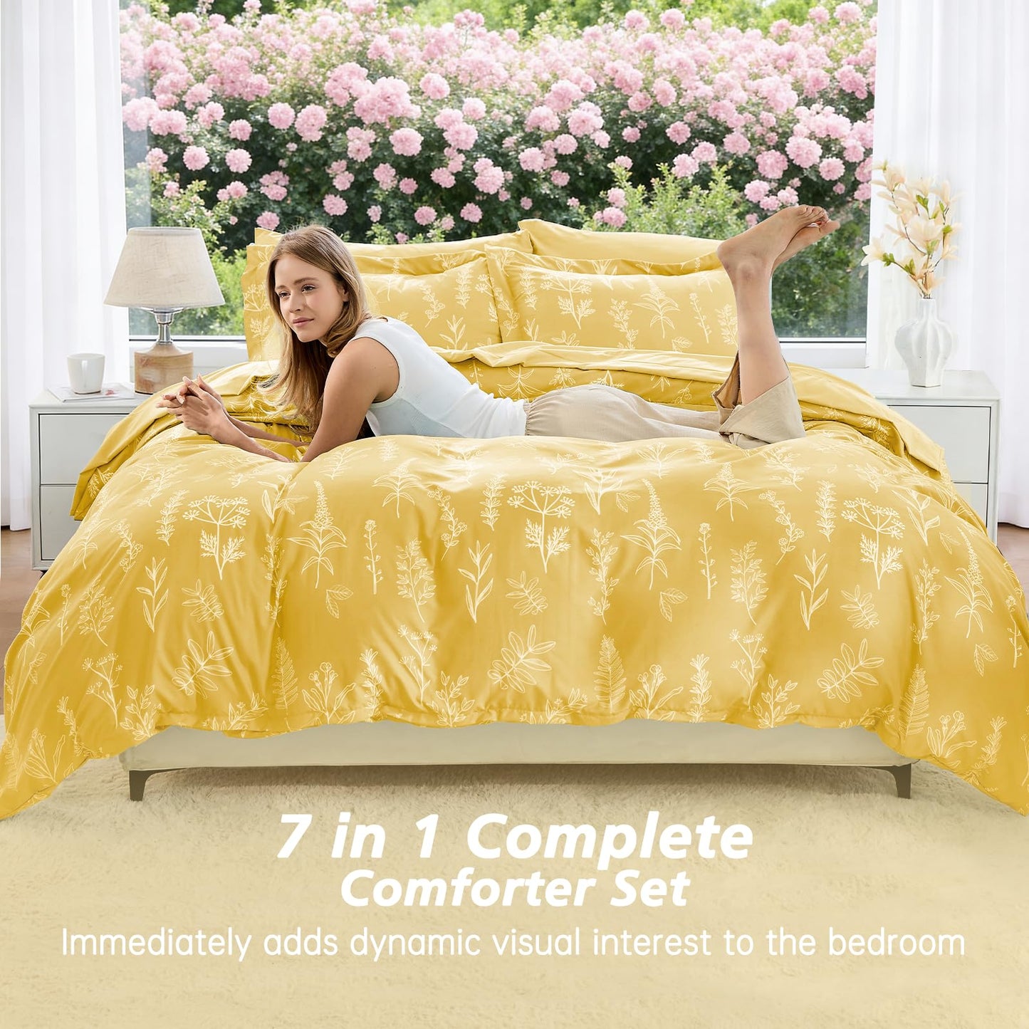 MUXHOMO Bright Yellow Bed in a Bag King 7 Pieces, King Comforter Set Reversible Botanical Flowers Design, Ultra Soft & Breathable Bedding Sets with Comforter, Sheets, Pillowcases & Shams
