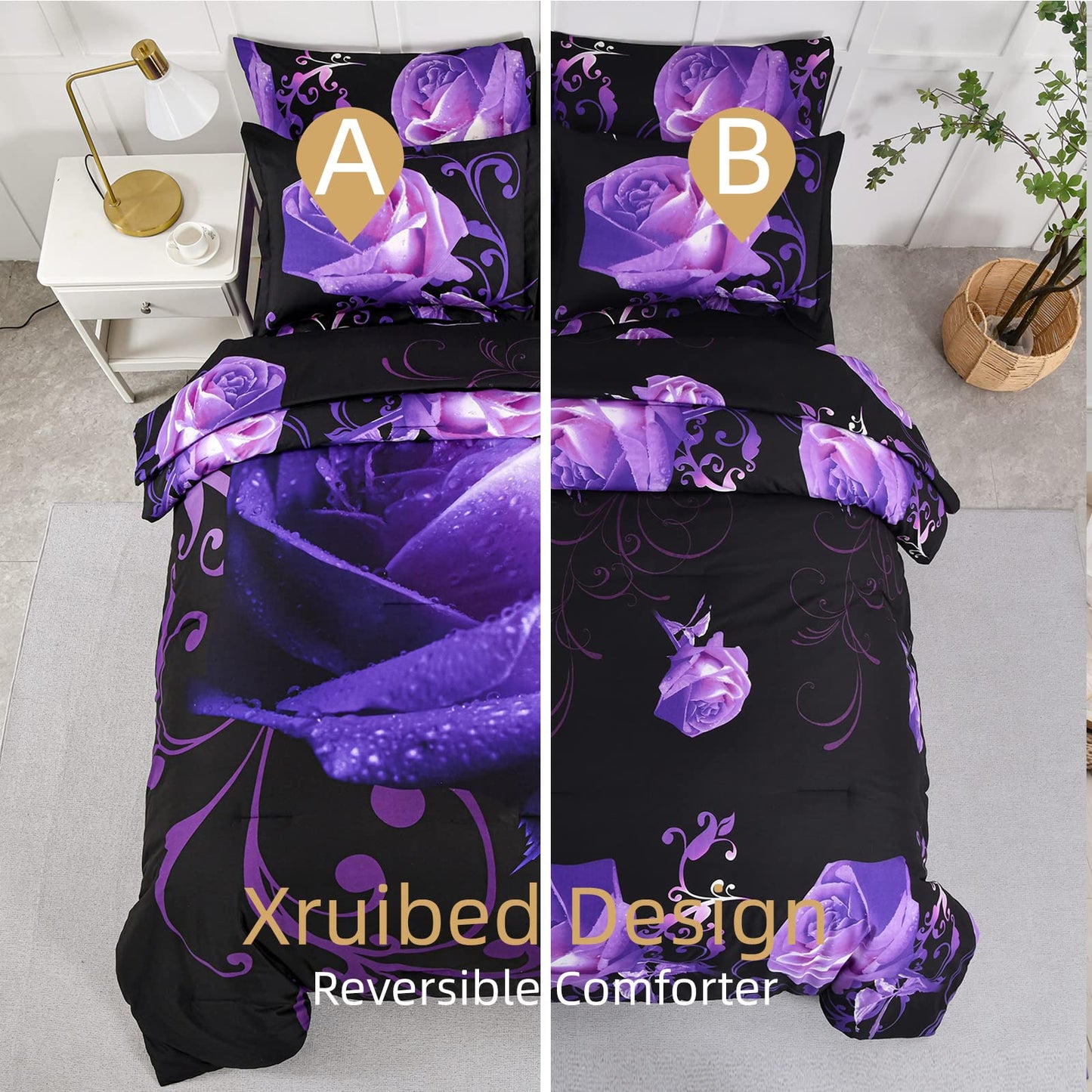 Floral Comforter Set California King 7 Piece Bed in a Bag Purple Rose Flower Comforter with Sheet Set Soft Micorfiber Bedding Set (1 Comforter,2 Pillow Shams,1 Flat Sheet,1 Fitted Sheet,2 Pillowcases)