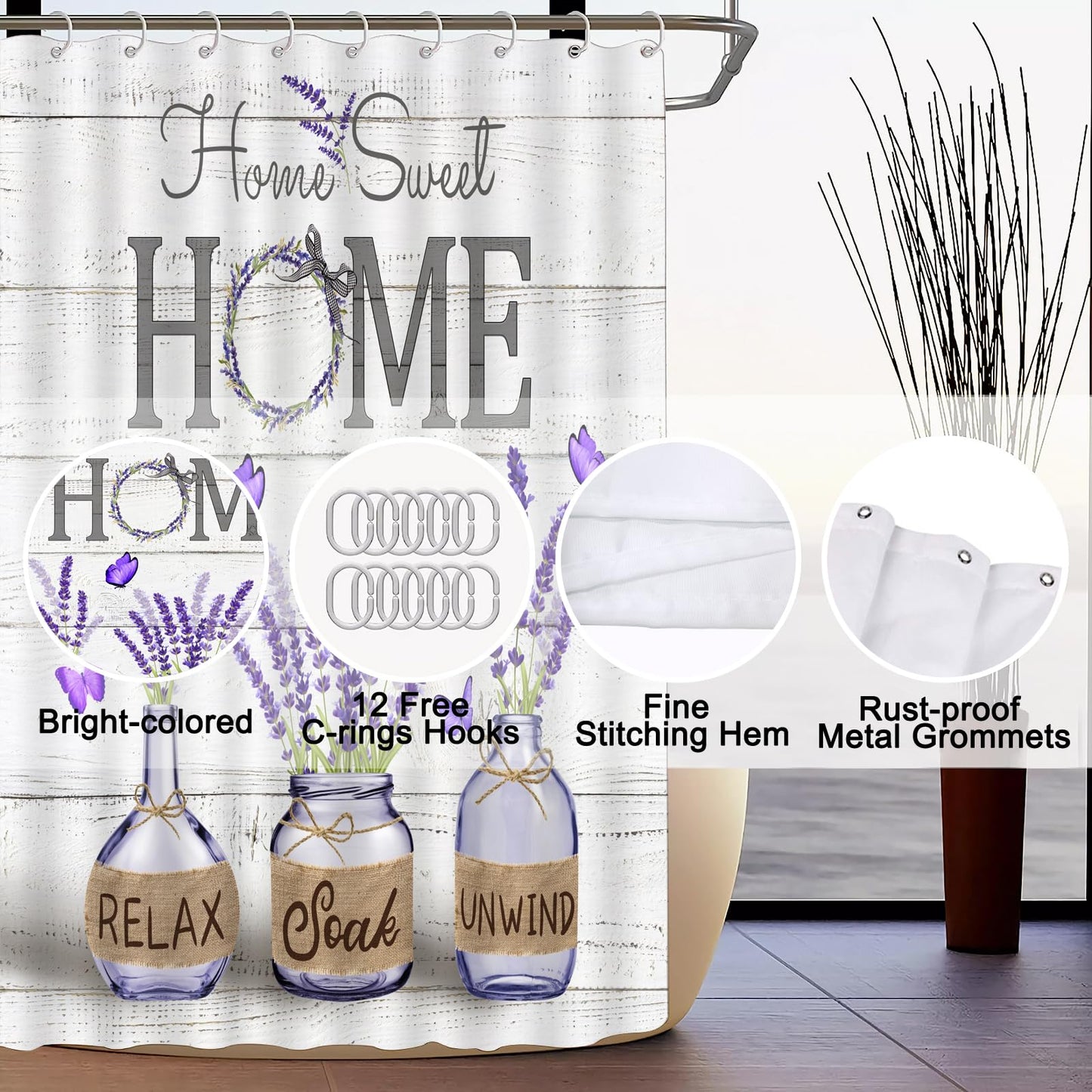ALEXEX 4 PCS Purple Lavender Shower Curtain Sets,Home Sweet Bathroom Set with Shower Curtain and Rugs and Accessories,Farmhouse Country Shower Curtain Bathroom Decor with 12 Hooks,72 X 72 Inches