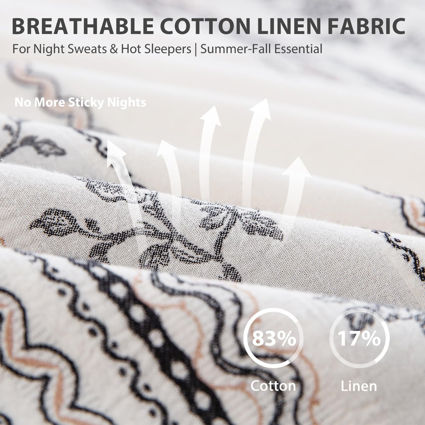 TodaFre Cotton Linen Duvet Cover King Size, Natural Rose Vine Stripe Textured Bedding Set, Cooling Moisture Wicking Breathable Linen Blend for Hot Sleepers (Off-White, 104" x 90")