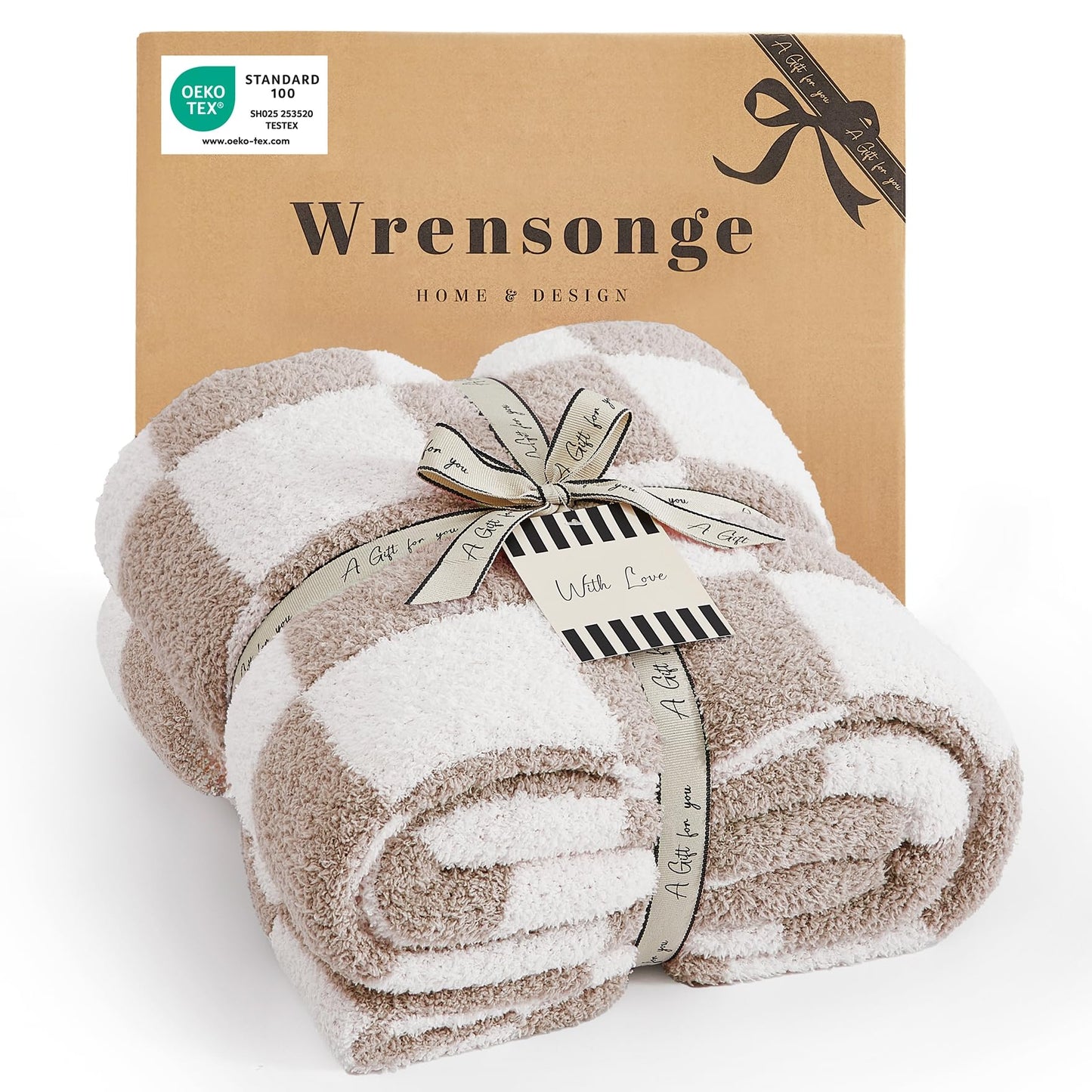 WRENSONGE Checkered Throw Blanket, Taupe Microfiber Soft Cozy Fluffy Warm Hand Made Throw Blankets for Couch, Sofa, Chair, Bed, Camping, Picnic, Travel Lightweight Bed Blanket - 50"*70"