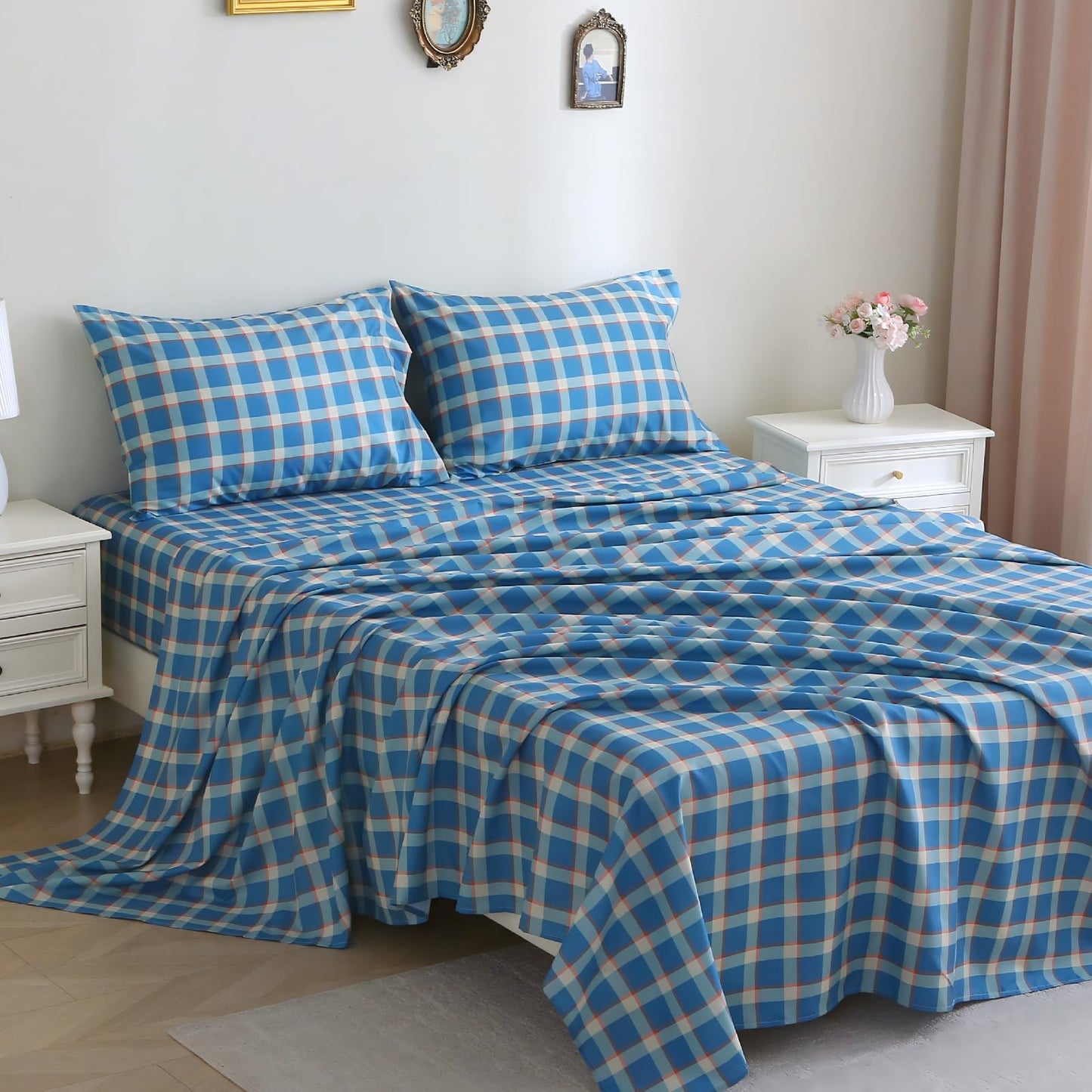 MUXHOMO Queen Size 4 Piece Sheet Set, Soft & Breathable Sheet for Bedroom with Deep Pocket Up to 16", Wrinkle-Free & Cooling Bed Sheet with Flat Sheet, Fitted Sheet & Pillowcases - Blue Green Plaid