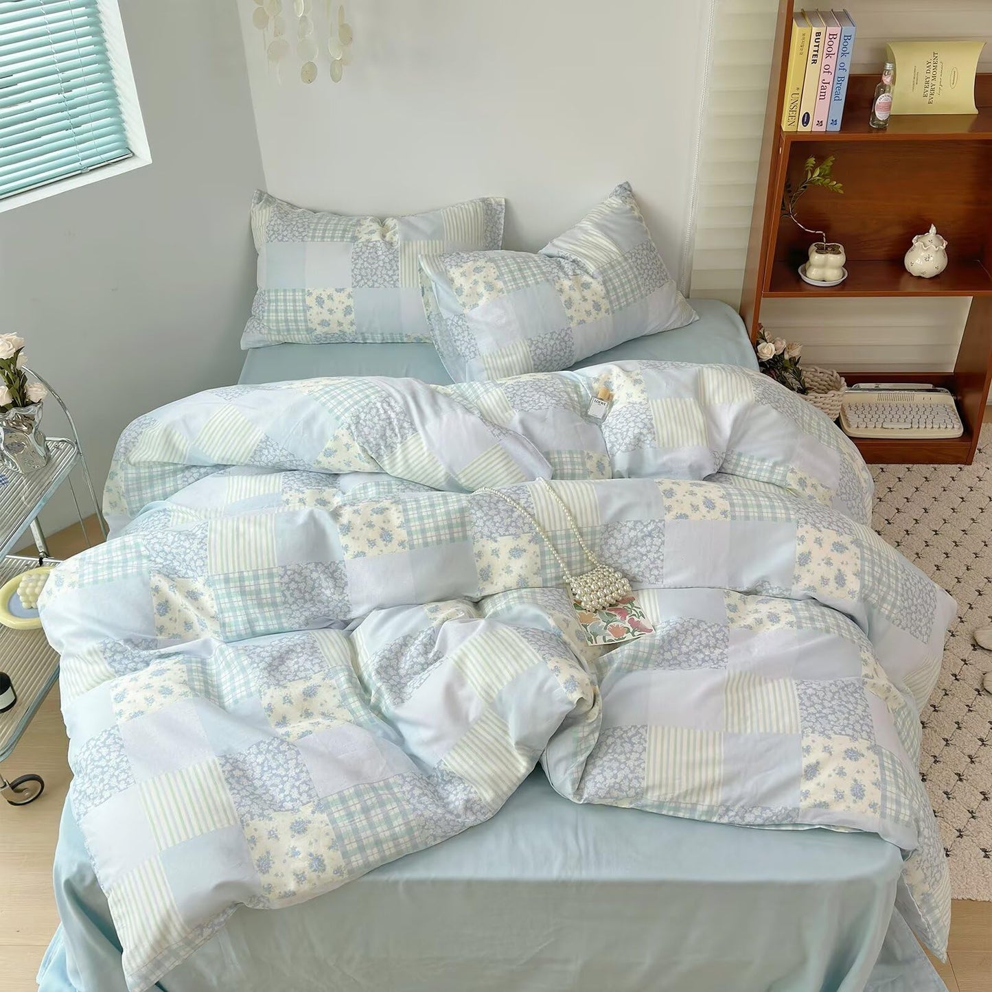 BuLuTu Luxury Muslin Cotton Duvet Cover Set Queen Size, Light Blue Striped Floral Duvet Covers Breathable Comfy Bedding Comforter Cover for Summer, Zipper Closure, Machine Wash