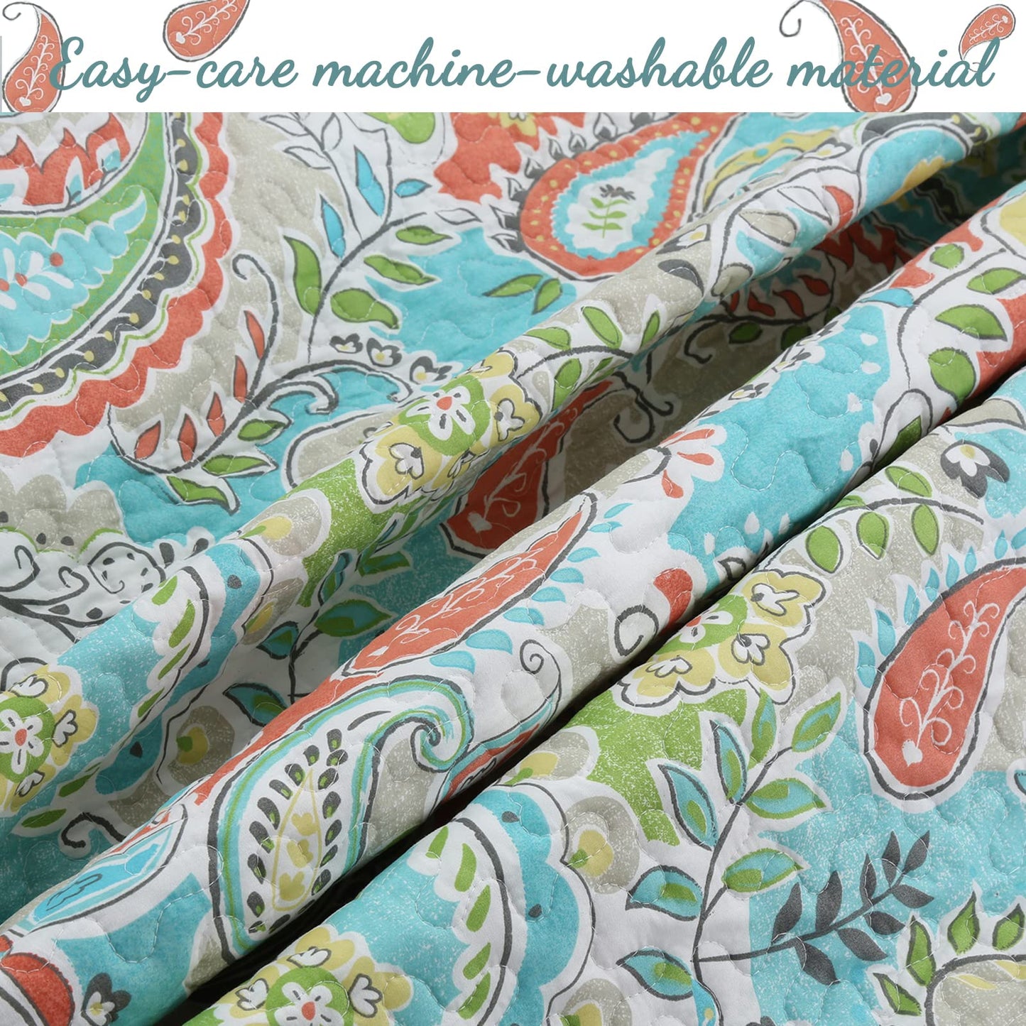Cozy Line Home Fashions Turquoise Blue Coral Floral Leaf Reversible Quilt Bedding Set, Coverlet Bedspread Lightweight for All Seasons (Mirage Paisley, King - 3 Piece)