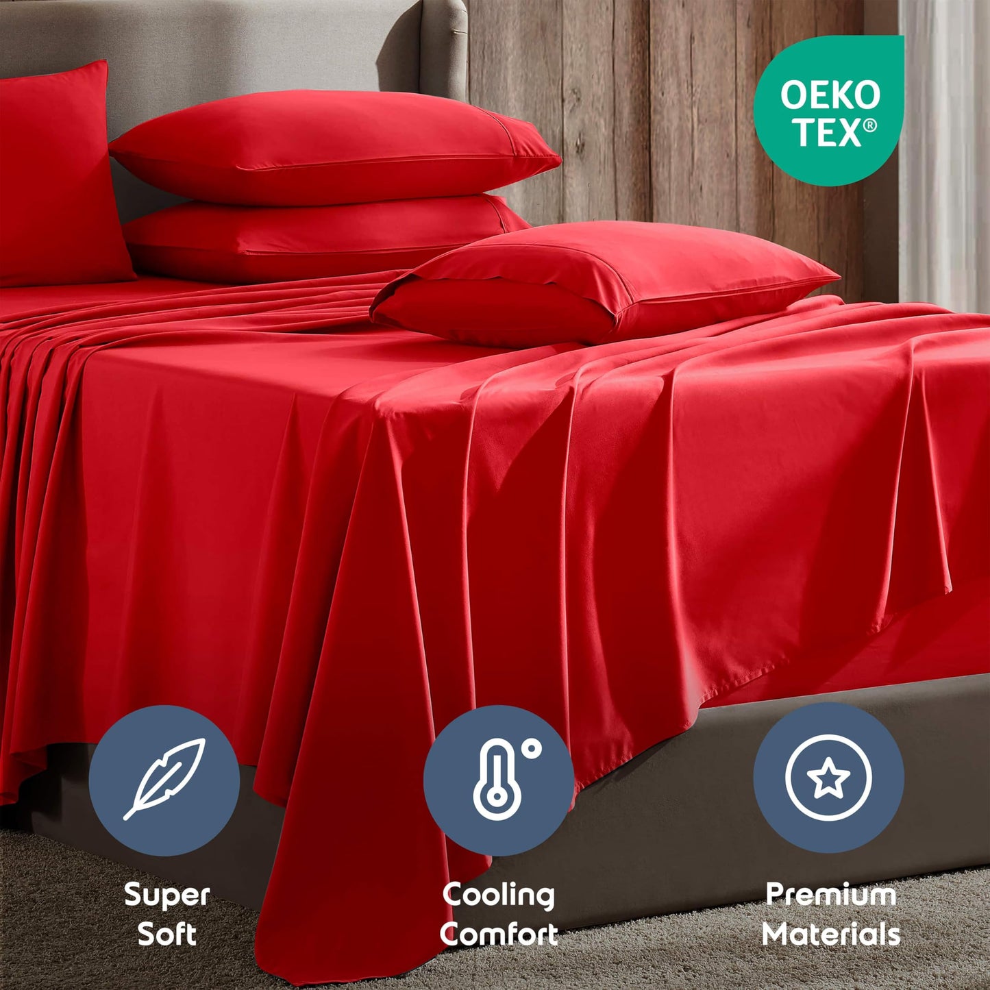 Nestl Extra Deep Cal King Sheet Set - 6 Piece Breathable & Cooling Sheets - Hotel Luxury Bedding Set w/18-24 Inch Deep Pockets - Easy & Secure Fit - Super Soft, Wrinkle Free & Comfy - Red