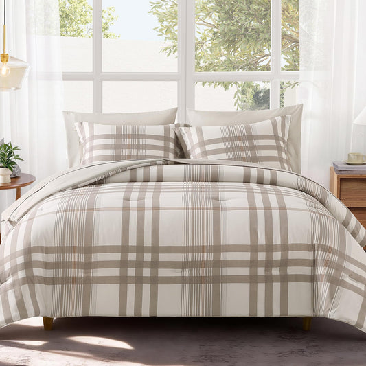 MaiRêve Queen Comforter Set Brown Grey, Classic Plaid Farmhouse Bedding Sets 7 Pieces, All Season Lightweight Bed in a Bag with Sheets, Pillowcases & Shams