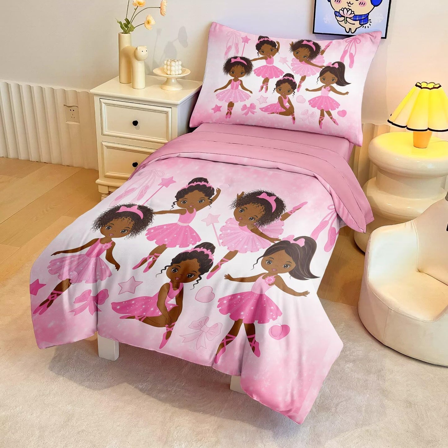 GRAT TIOC 4 Piece Toddler Bedding Set for Girls,Toddler Pink Ballerina Comforter Set,Dancer Princess Toddler Bed Comforter Set Includes Comforter, Flat Sheet,Fitted Sheet,Pillowcas