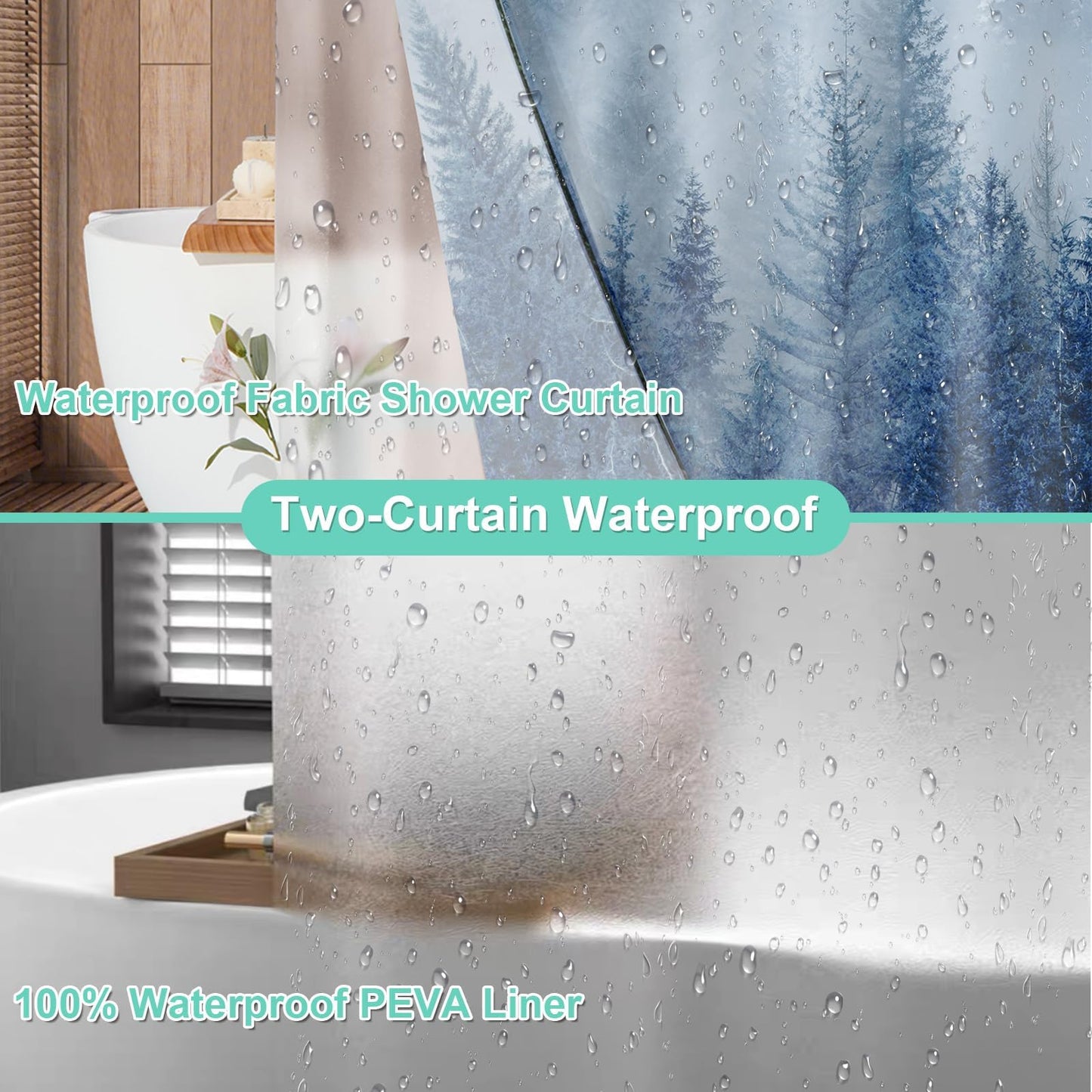 ORTIGIA 3 in 1 Waterproof Shower Curtain and Clear PEVA Liner Set with 12 Double Sided Metal Hooks, Blue Misty Forest Tree Shower Curtains for Bathroom - 72 Wx72 L