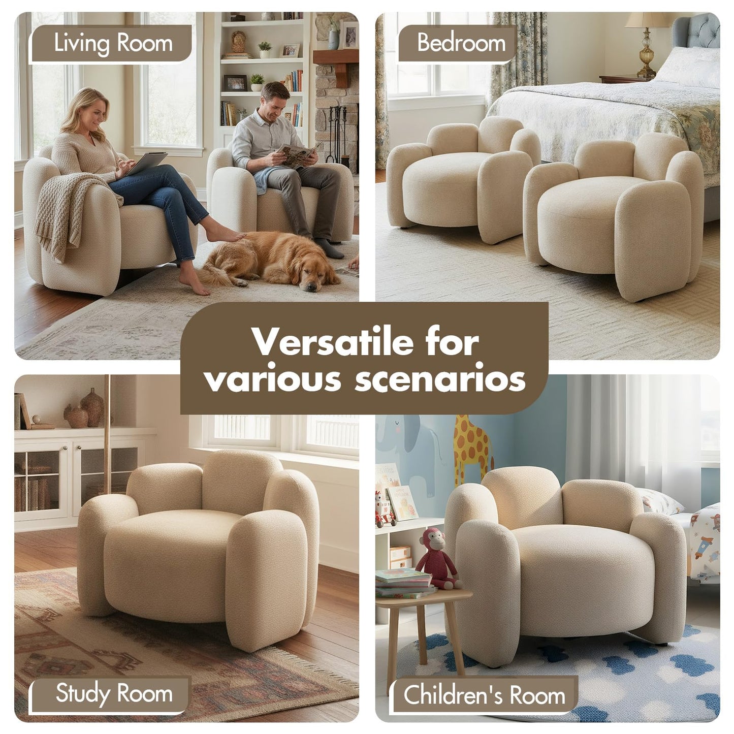 Hyfirm Mid-Century Modern Accent Chairs Set of 2, Upholstered Chenille Barrel Chairs with Solid Wood Base, Comfy Reading Chairs for Living Room, Bedroom, Apartment, Deep Seat Side Chairs, Khaki