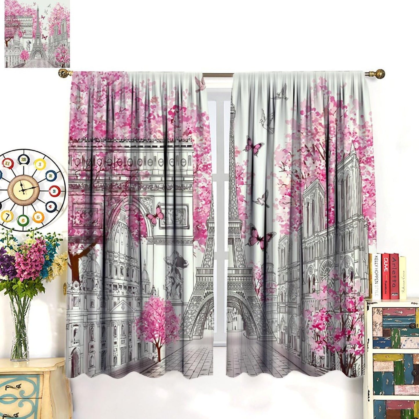TYVGICZ Pink Paris Modern Curtains, Landscape Architecture City Scenery Eiffel Tower Landmark Famous Cityscape Romantic Window Treatments for Bedroom Living Room Kitchen Bathroom 2 Panels,42x45 Inch