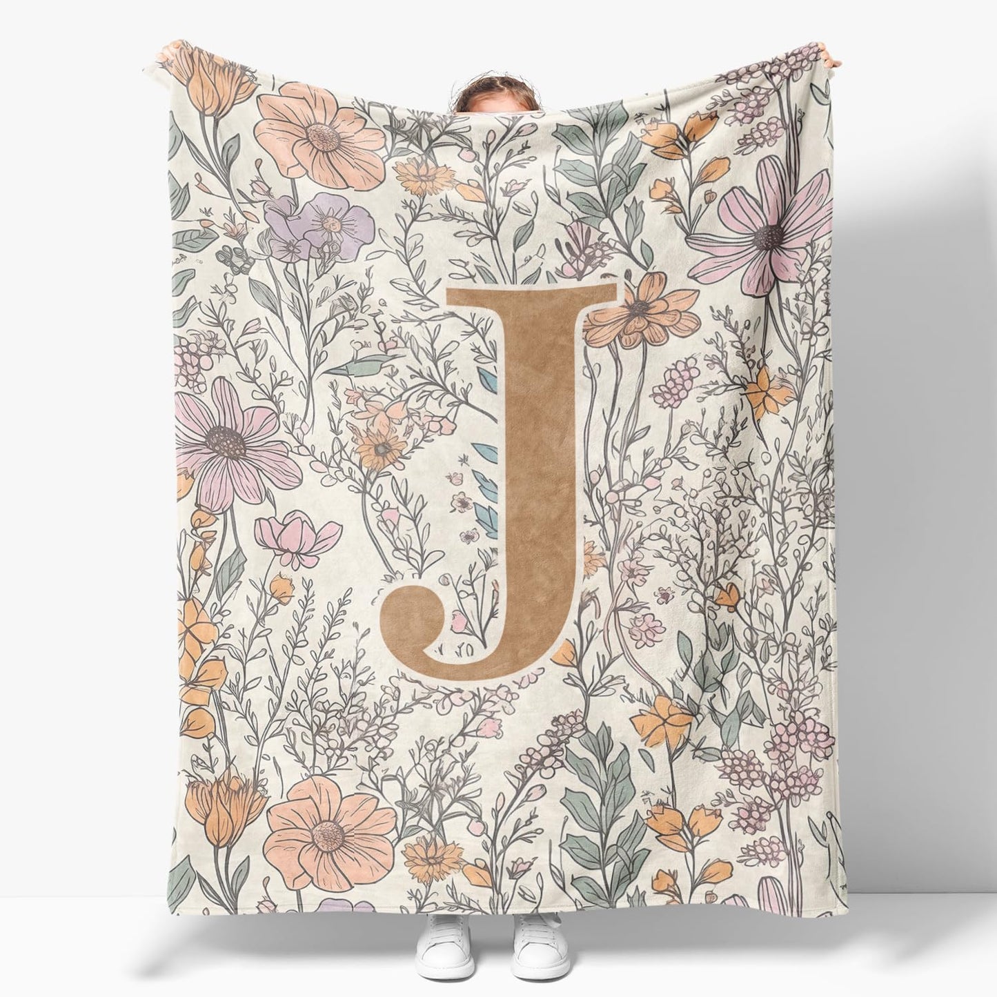 JXREQ Throw Blanket Initial Letter J Personalized Monogrammed Gifts for Women Teen Girls Frends, Boho Floral Throw Blankets for Bed Sofa Living Room Office, 50x60 Inch