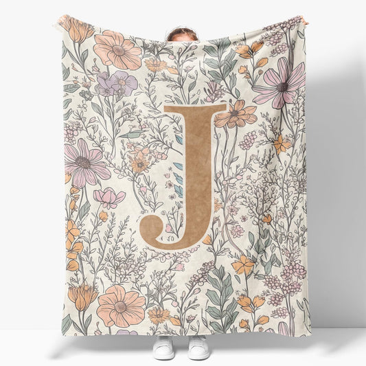 JXREQ Throw Blanket Initial Letter J Personalized Monogrammed Gifts for Women Teen Girls Frends, Boho Floral Throw Blankets for Bed Sofa Living Room Office, 50x60 Inch