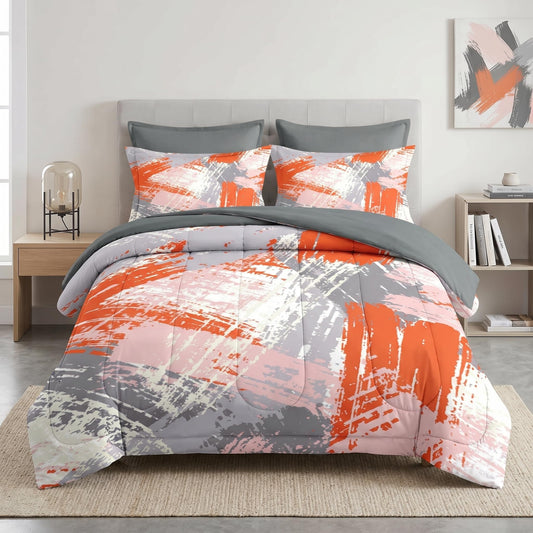 Pamnest Comforter Set Full Size, Urban Graffiti Orange Grey 7 Pcs Bedding for Kids and Adults, Abstract Paint Line Bed Sheet Sets with Fitted Sheet 2 Pillowcase & 2 Sham for Bedroom Bed Decor