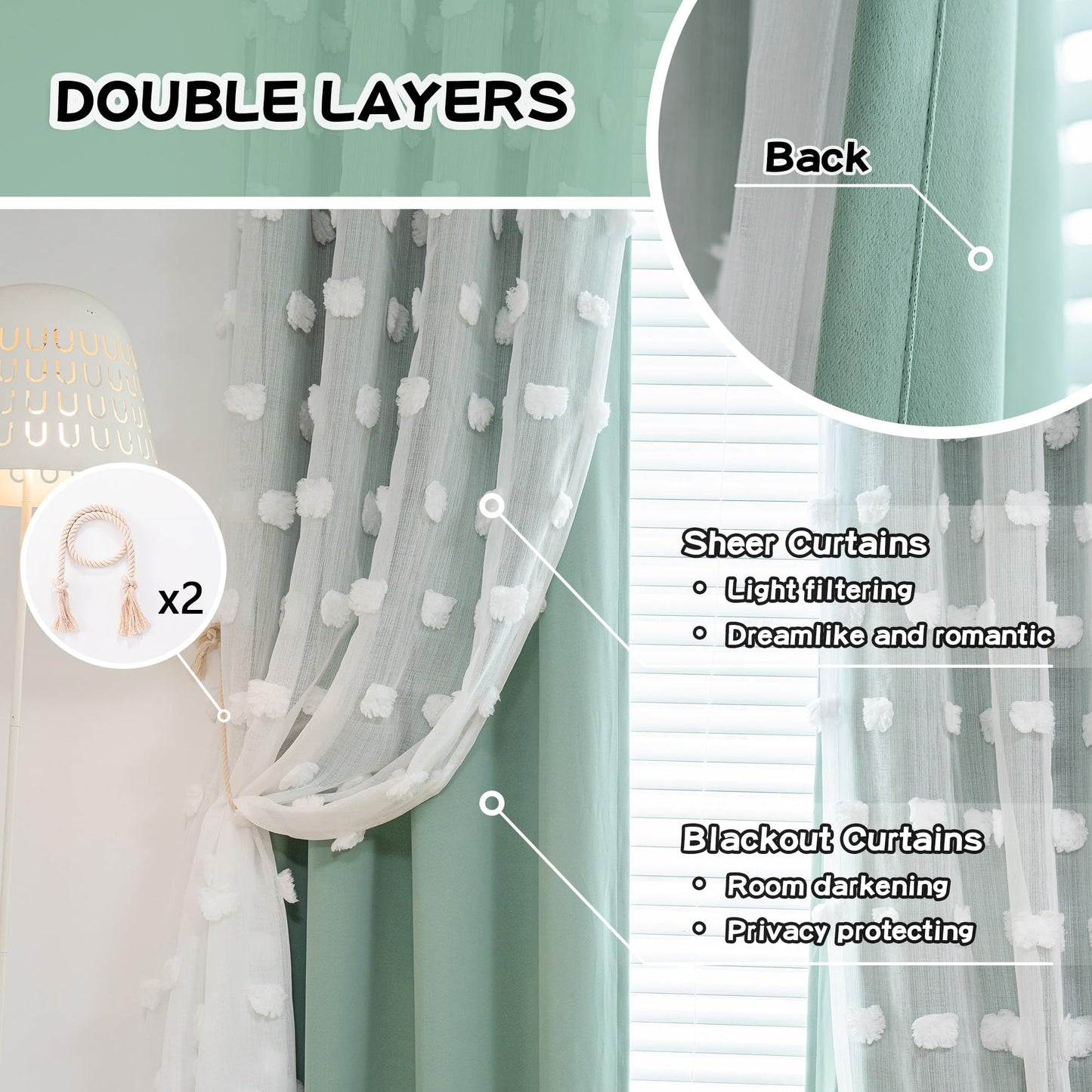 MYSKY HOME Kids Curtains for Boys Bedroom 63 Inches Long Room Darkening Double Layer Drapes for Son Room Decor White Pom Pom Sheer Back Tab Blackout Curtain 2 Layers Aqua 52 x 63 Inch 2 Panels