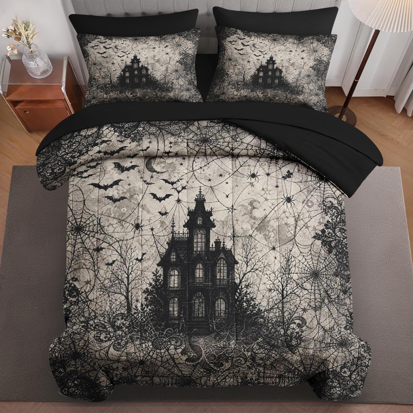 Boewywh Comforter Set Twin Size Halloween Gothic Spooky 5 Pcs, Bedding for Kids and Adults, Bed Sheet Sets with Fitted Sheet Pillowcase & Sham for Bedroom Bed Decor