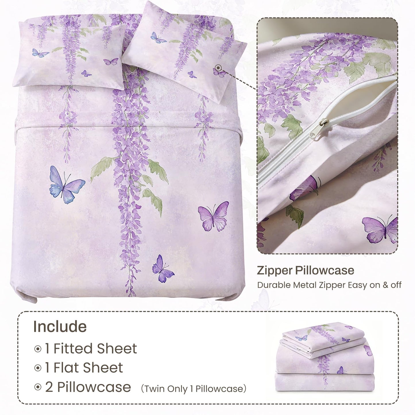 Butterfly Full Sheet Set Wisteria Flat Fitted Sheet Sets
