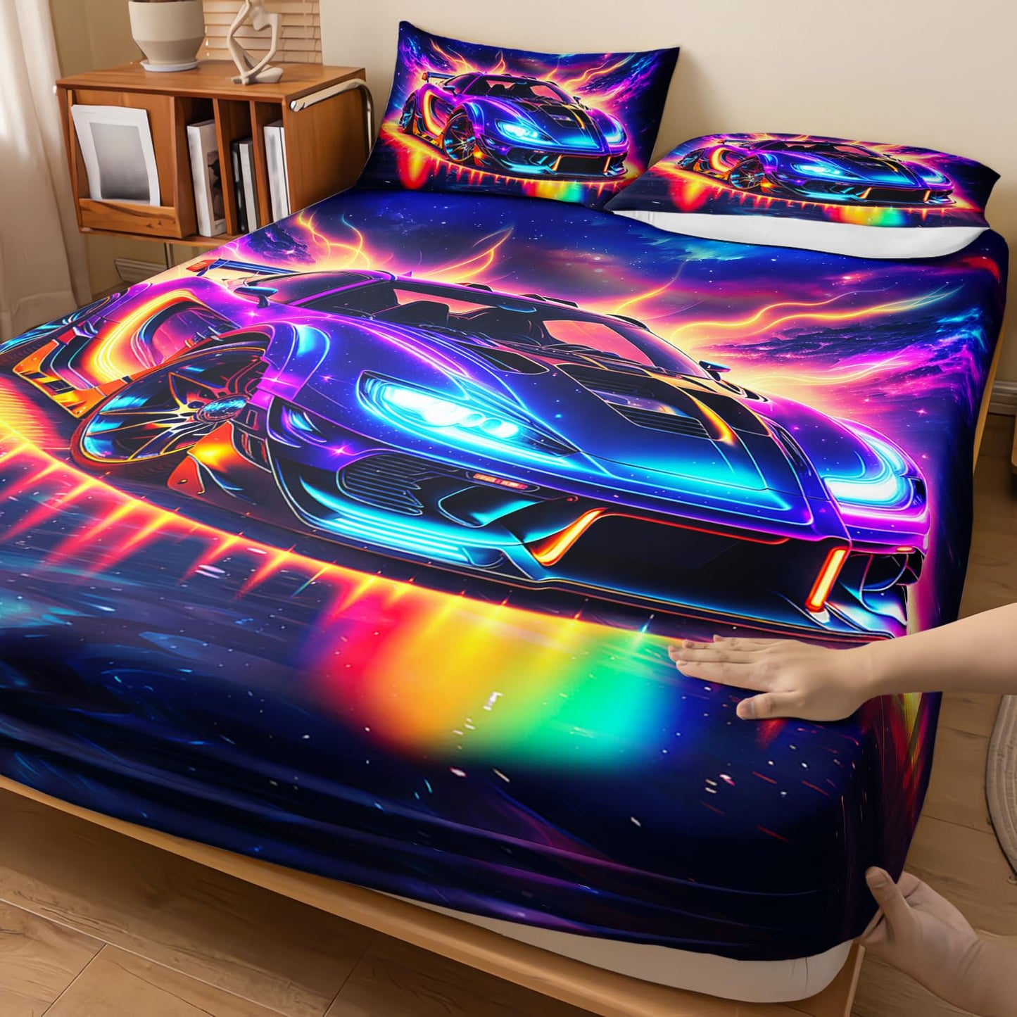 AILONEN 3D Gorgeous Racing Car Fitted Sheet Set Twin Size,Modern Race Car Bedding Set for Kids,Boys,Extreme Sports Theme Bed Sheet Set,Milky Way Bedsheets Set,1 Fitted Sheet 2 Pillowcases,3-Piece