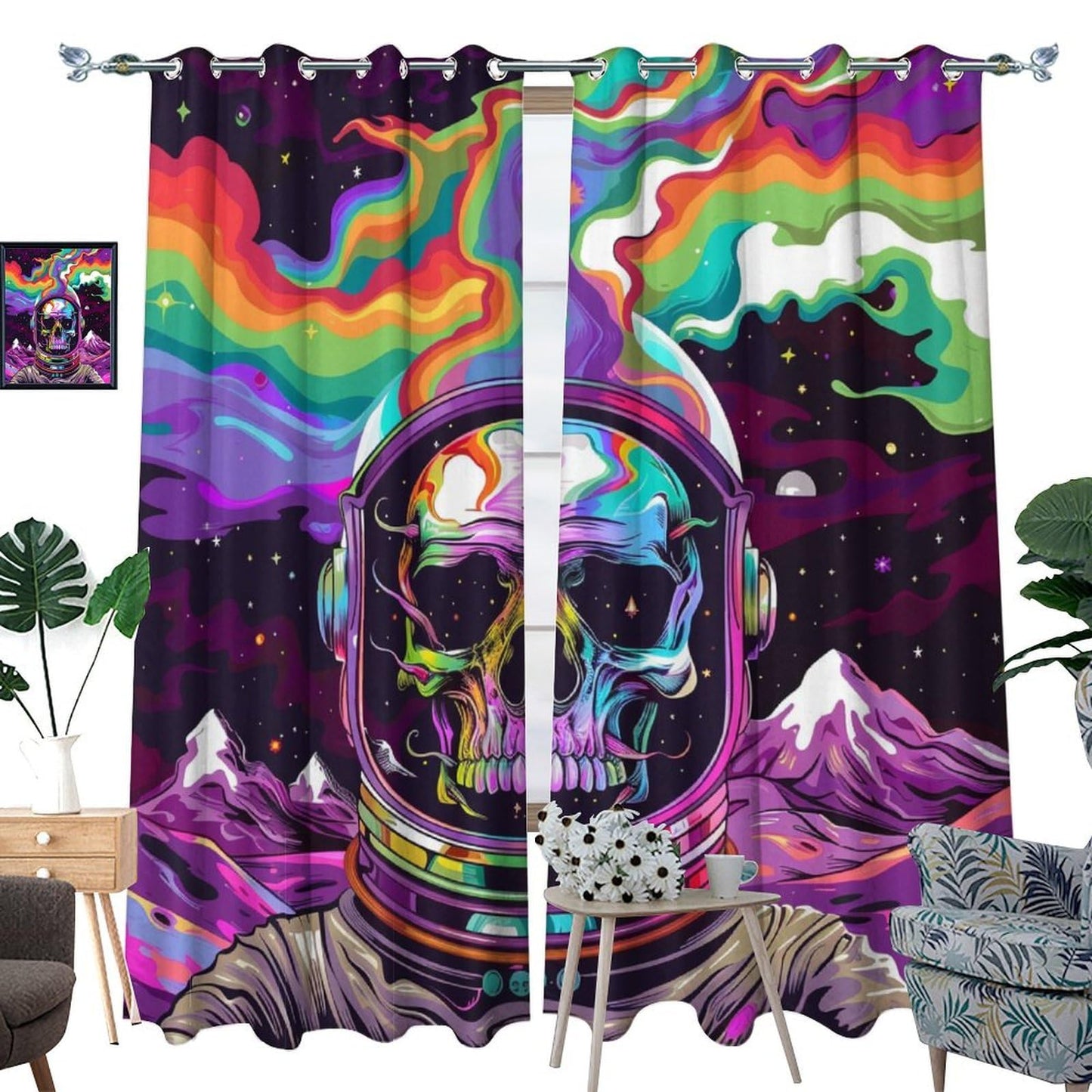 HDESDIS Colorful Skull Fantasy Blackout Curtains for Bedroom, Space Star Astronaut Skeleton Grommet Curtains Thermal Insulated Window Drapes for Living Room, 21W x 45L, 2 Panels