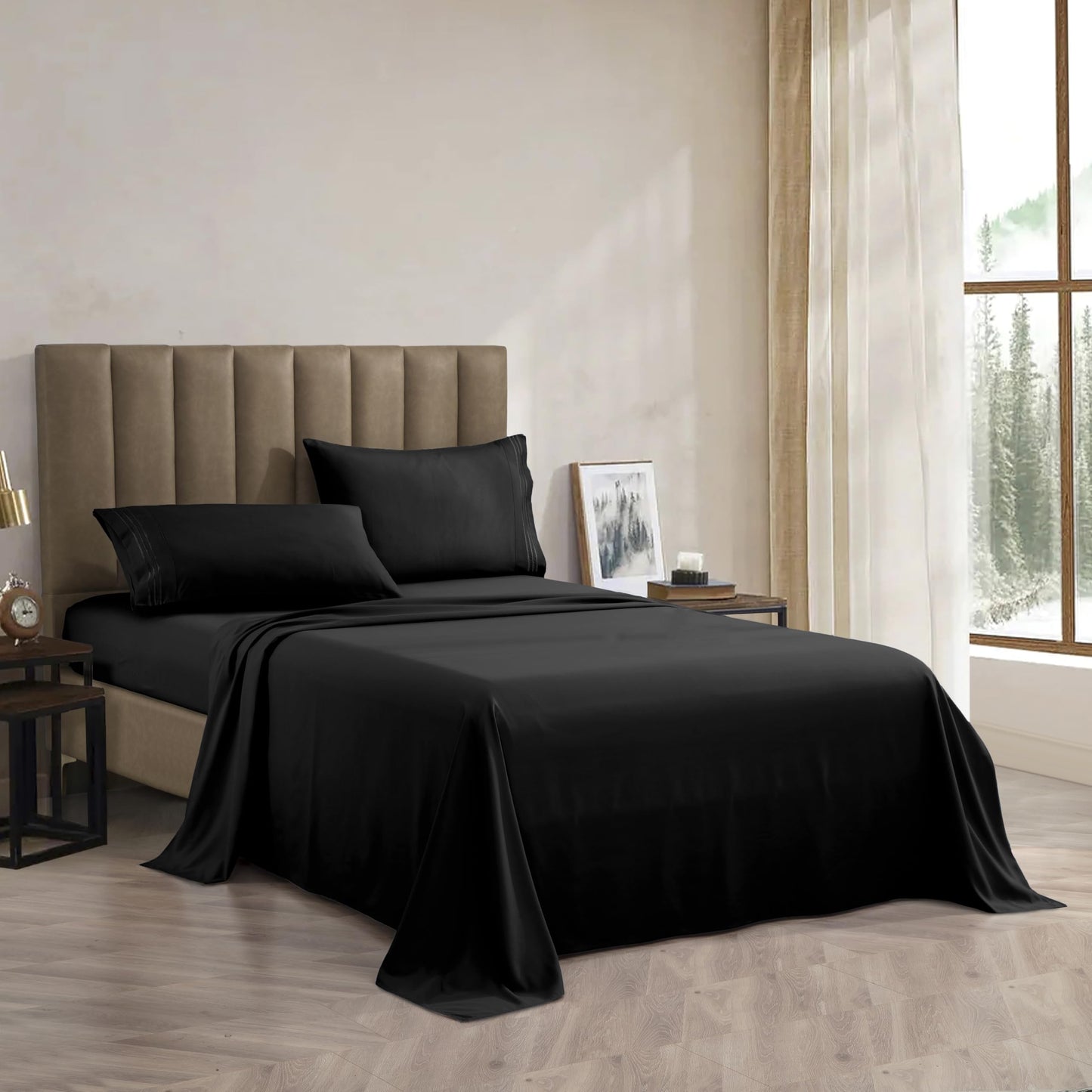CELINE LINEN Premium 1800 Hotel Quality Wrinkle-Resistant 4-Piece Microfiber Sheet Set - Luxury Ultra Soft and Breathable Bedding 16 Inch Deep Pocket 4PC Sheet Set, King, Black