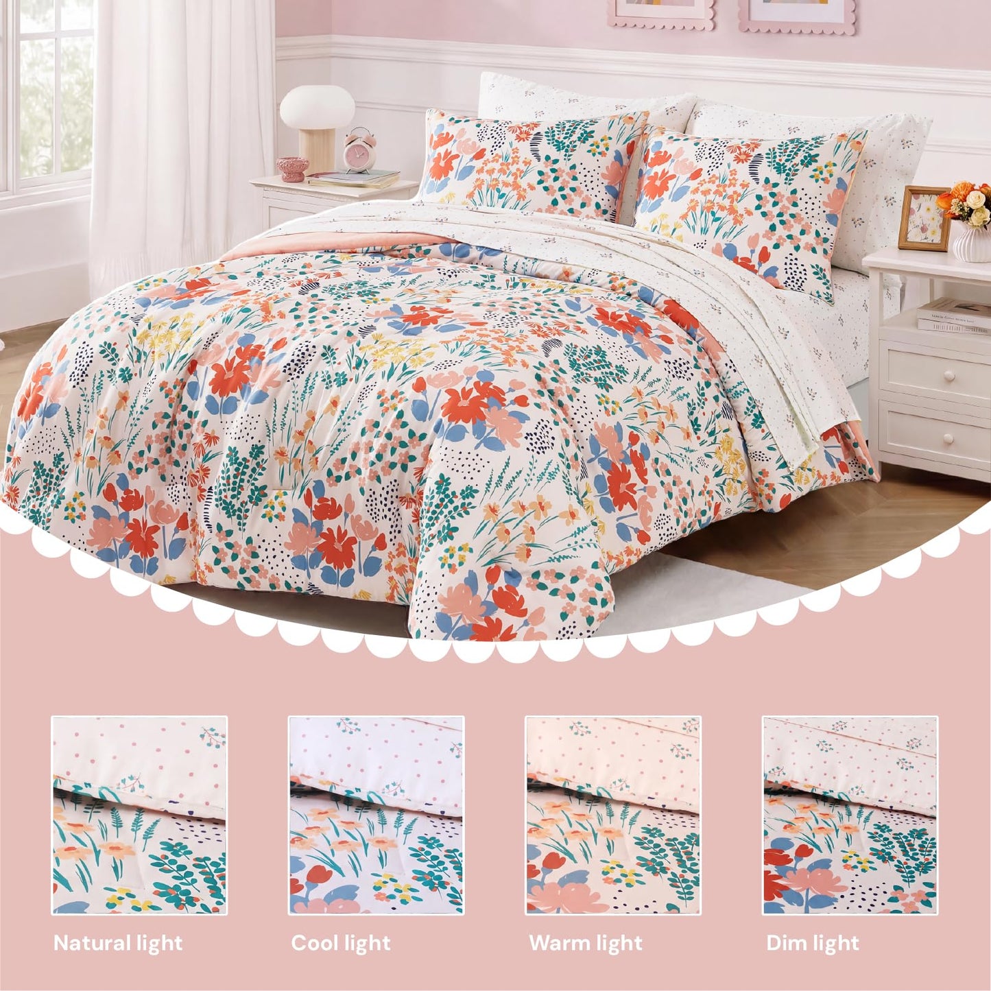 BLOOMHAVEN Twin XL Comforter Set for Girls, 5 Pieces Pink Botanical Floral Bedding Set, All Seasons Kids Dorm Bed in a Bag with Sheets, Pillowcase & Sham