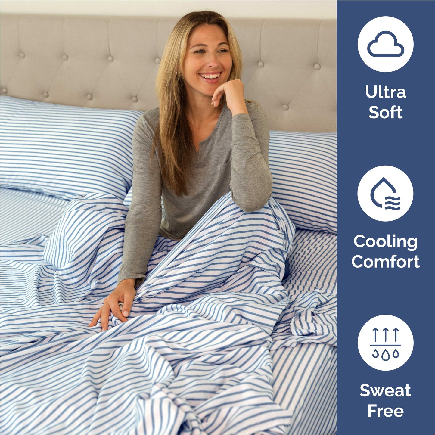 Full Size 4 Piece Sheet Set - Comfy Breathable & Cooling Sheets - Hotel Luxury Bed Sheets for Women & Men - Deep Pockets, Easy-Fit, Soft and Wrinkle Free Sheets - Blue Stripes Oeko-Tex Bed Sheet Set