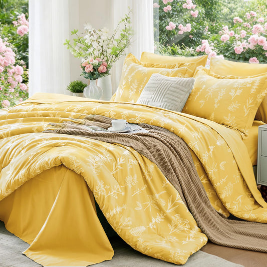 MUXHOMO Bright Yellow Bed in a Bag King 7 Pieces, King Comforter Set Reversible Botanical Flowers Design, Ultra Soft & Breathable Bedding Sets with Comforter, Sheets, Pillowcases & Shams