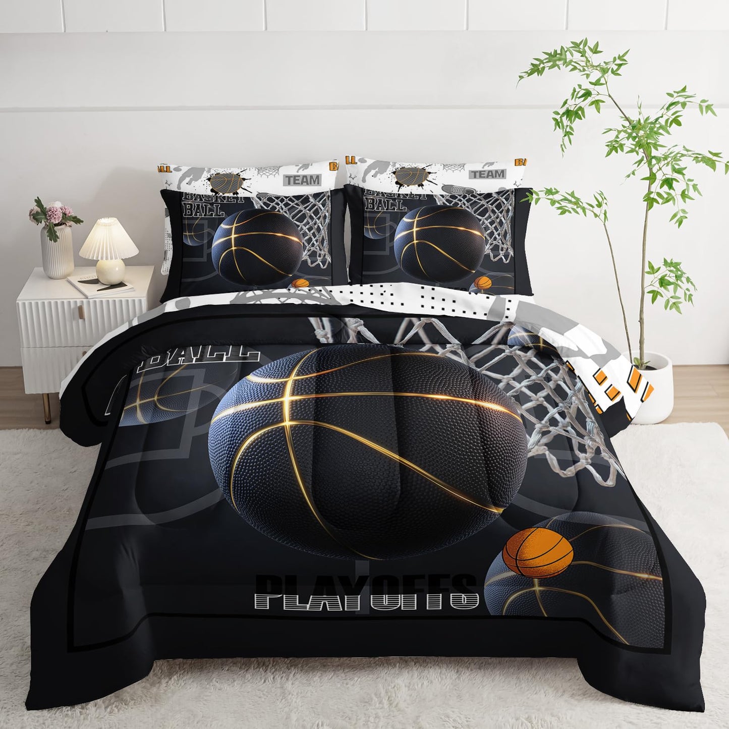 AILONEN Boys Black Basketball Comforter Set Full Size,7-Piece Soft Bed in a Bag,Sport Dunk Basketball Comforter & Fitted Sheet & Flat Sheet & 2 Pillowcases,2 Pillow Shams