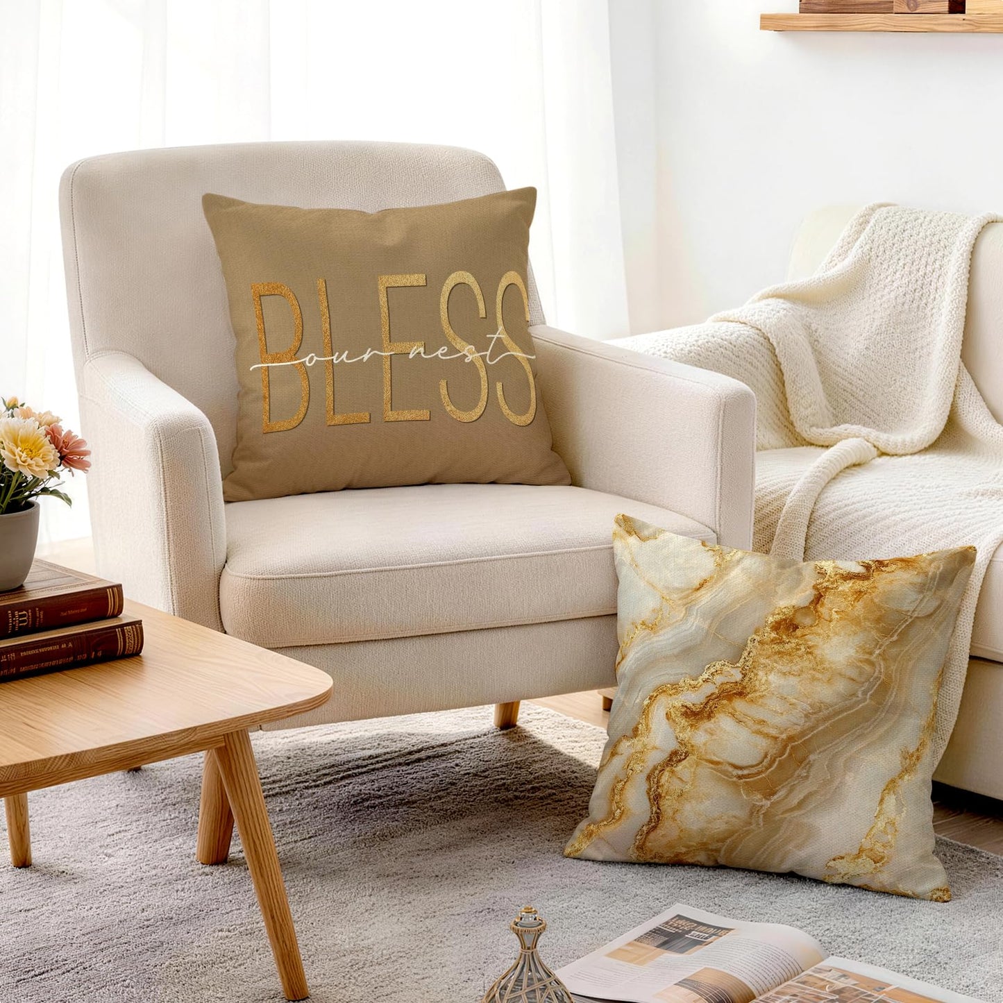 ORMAN Beige Gold 18x18 Marble Pillows Covers Set of 4 Decorative Pillowcase Cushion Cover for Car Sofa Bedroom