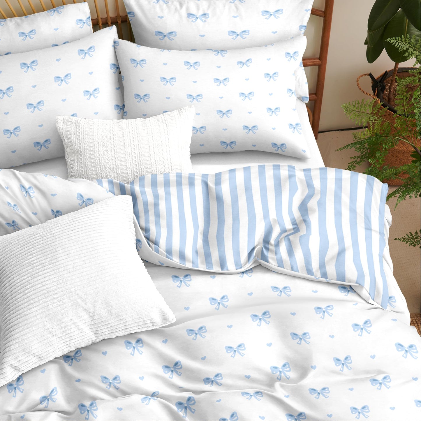 Sedefen Bow Duvet Cover Queen Size Blue Striped On White Bedding Set 3 Pieces Cute Heart Printed Stripe Reversible Princess Style Soft Breathable Microfiber Duvet Cover Set with Zipper Closure