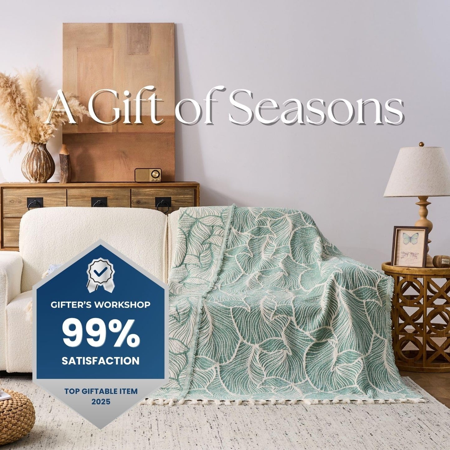DOWN HOME Chenille Cotton Throw Blanket for Couch, Lightweight Boho Blanket for Bed Sofa Chair Living Room Outdoor Soft Woven Decorative Blanket with Tassel Gift Green Leaves 55"x60"