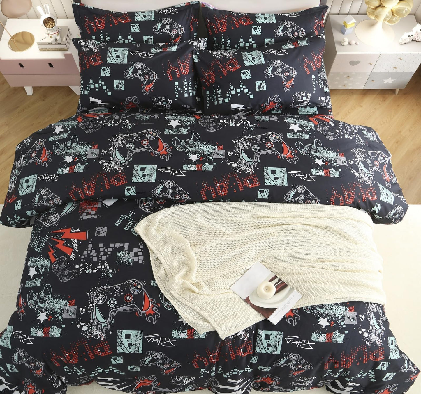 SDY 7PCS Twin Size Gaming Bedding Set - Soft Video Game Comforter Set for Boys, Girls & Kids, Gamer Themed Bed Set with Comforter, Sheets & Pillowcases
