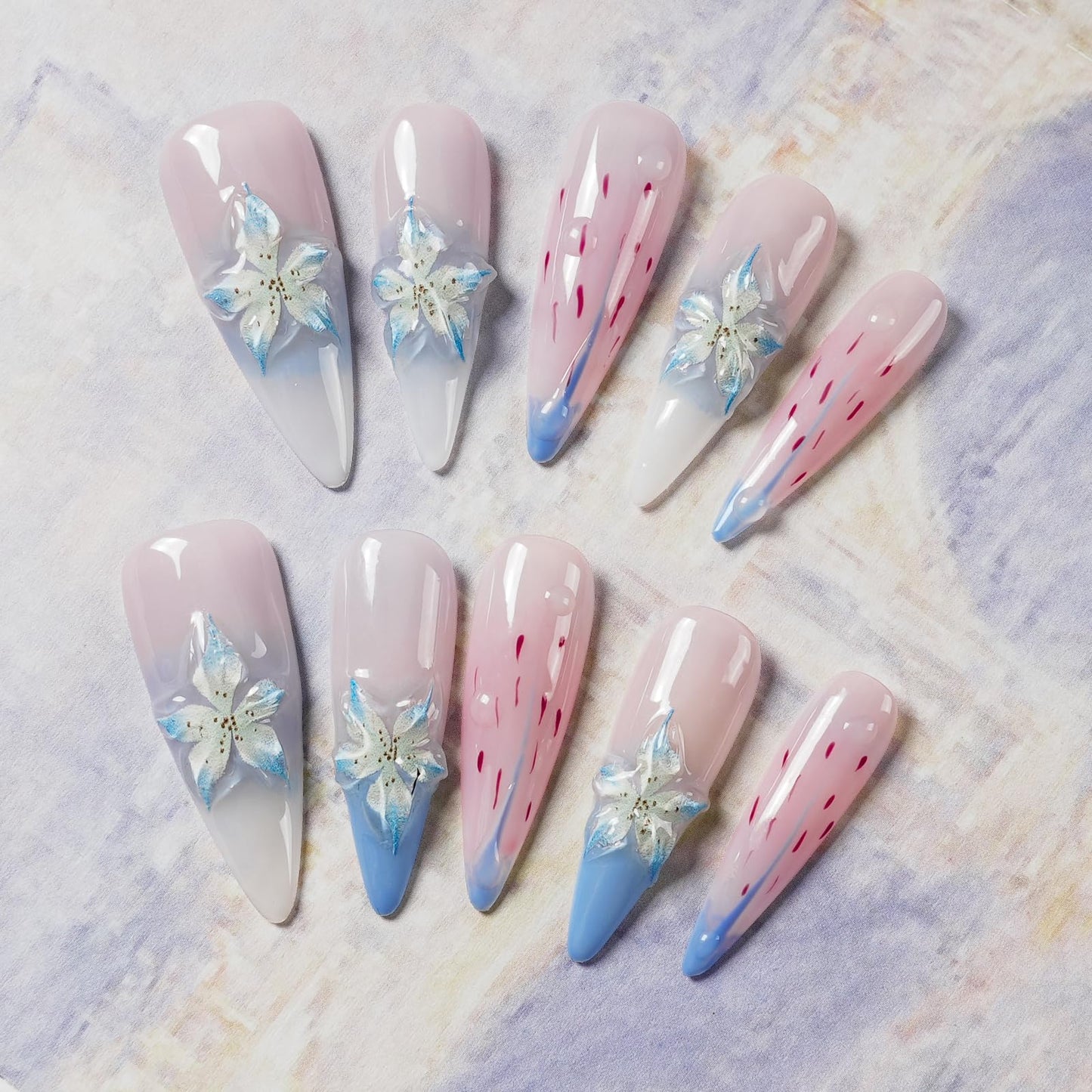 Tesytto 3D Floral Press On Nails Long Stiletto Fake Nails – Elegant Handmade Ombre Nail Art with Lilies Flowers Designs, Multi-Layer Gel Reusable Acrylic Nails for Women (3D Lily Ombre, M)