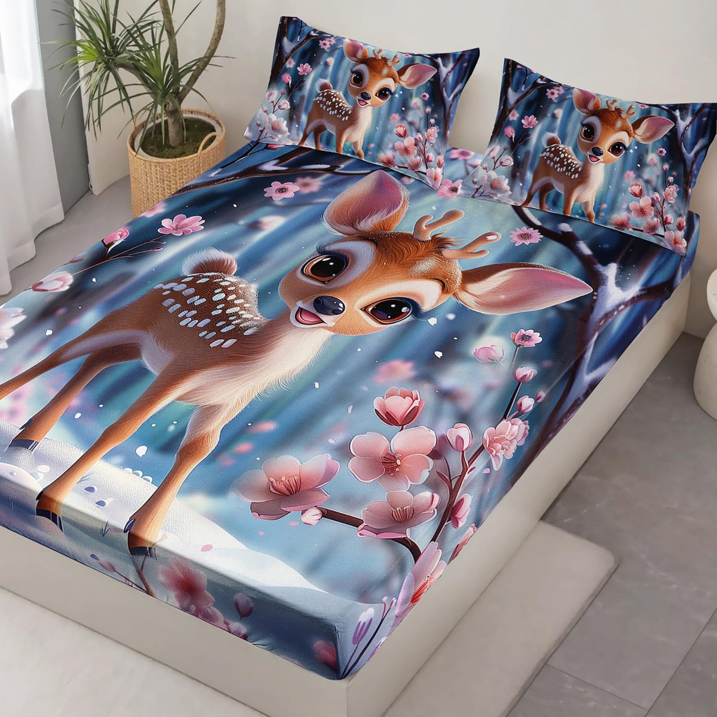 AILONEN Cute Deer Fitted Sheet Set Twin XL,Winter Snow Pink Blossom Bed Sheet + 2 Pillowcases,Cartoon Animal Sika Deer Bedding Set for Kids Girls,3Pcs