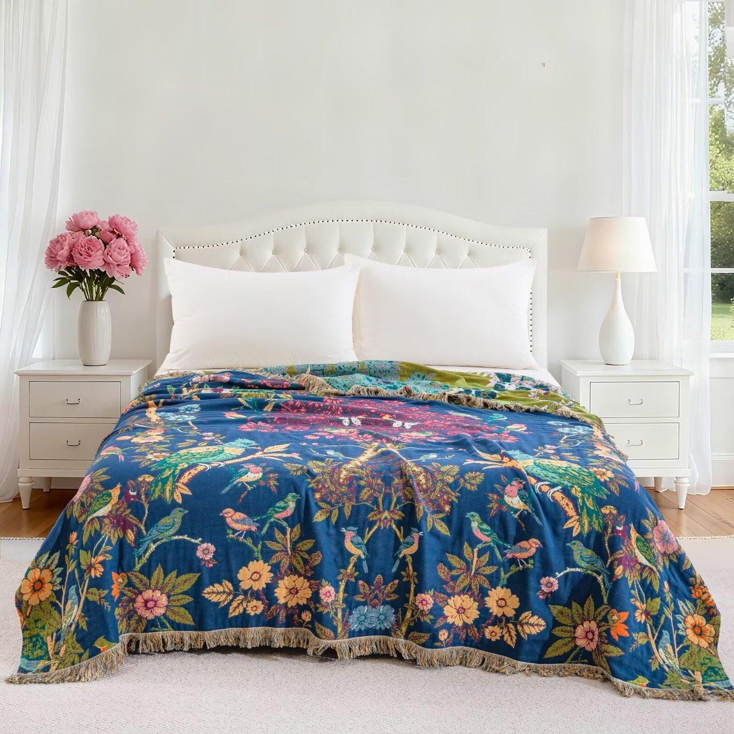 BRYALIX 100% Cotton Boho Floral Throw Blanket, Navy Blue with Birds Pattern, Lightweight Muslin Quilt, Decorative Reversible Jacquard Fringed Farmhouse Blanket for Home, Picnic, Travel, 60"x80"