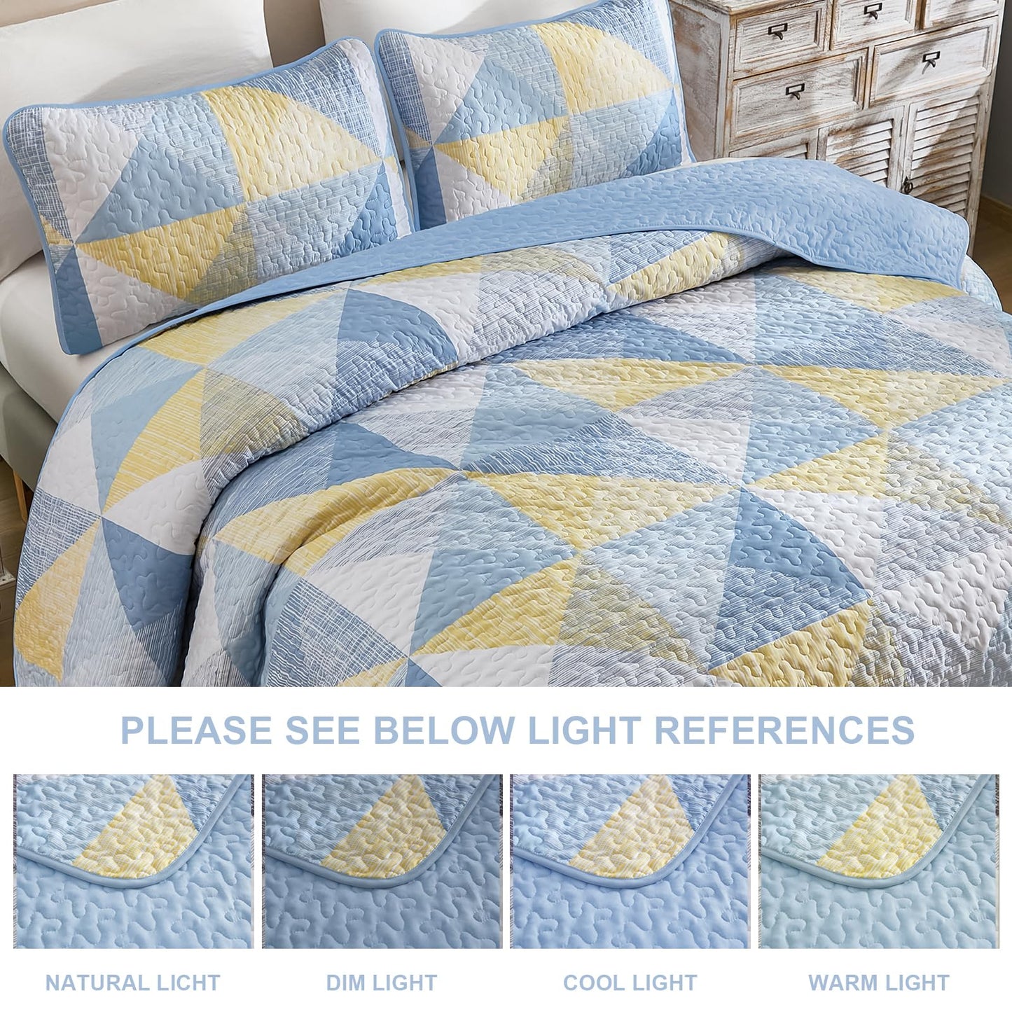 Dintszyayue Quilt Queen Size, 3 Pieces Patchwork Blue Yellow Bedspread Bedding, Soft Lightweight Microfiber Geometric Coverlet Set for All Spring Quilt with 2 Pillowcases90 x96