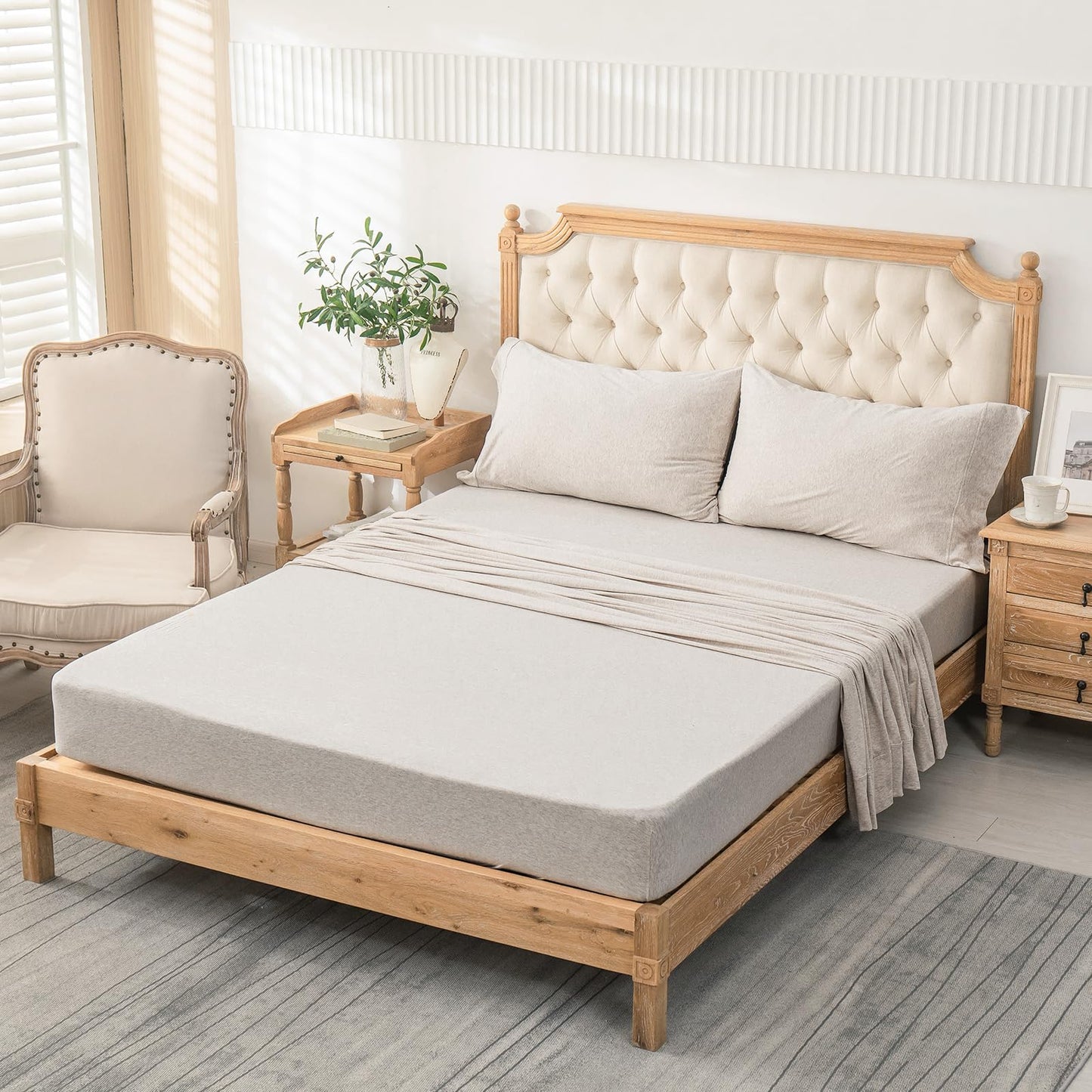 PURE ERA Jersey Knit 4pc Bed Sheet Set 100% T-Shirt Heather Cotton Super Soft Comfy Breathable Fits Mattress Up to 20" Extra Deep Pocket (Heather Beige, Queen)