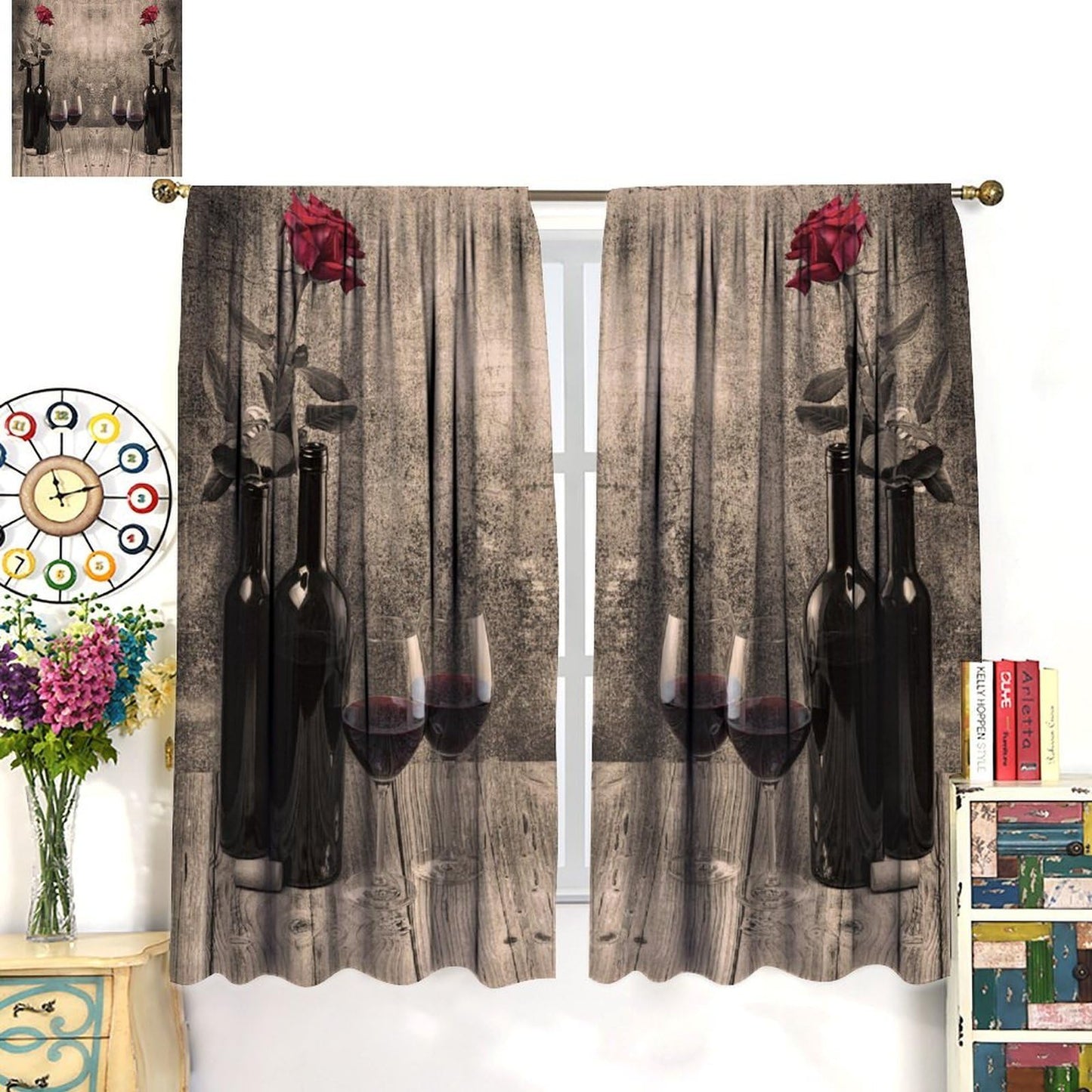 Fblifil Farmhouse Wine Curtains Rustic Retro Rose Wooden Board Printed Rod Pocket Window Drapes for Living Room Bedroom Kitchen Cafe Bar Decor 42" W X 45" L