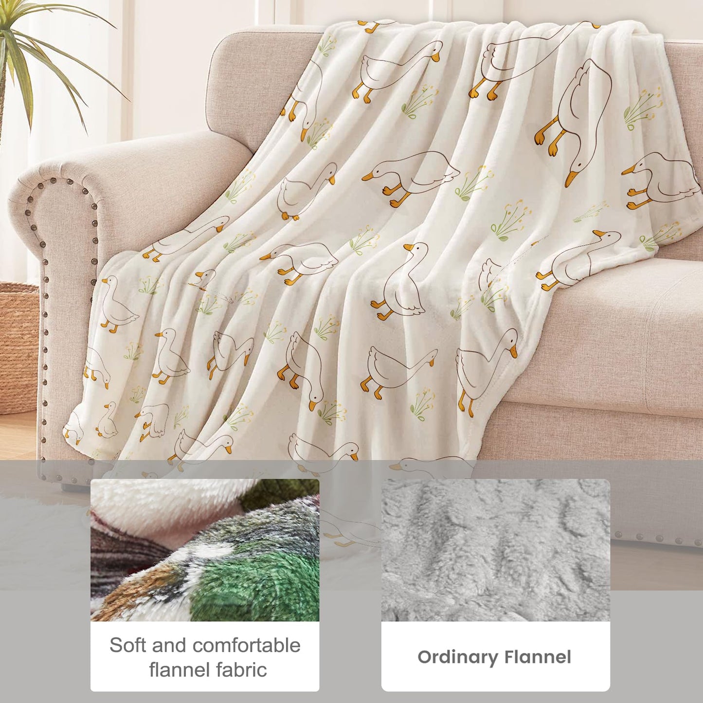 cromcu Duck Blanket for Farm Animal Lovers, Cute Cartoon Wildflower Flannel Blankets, Countryside Beige Gifts, Soft Warm Cozy Throws for Sofa Couch Bed Living Room Bedroom Home Decor 60" x 50"