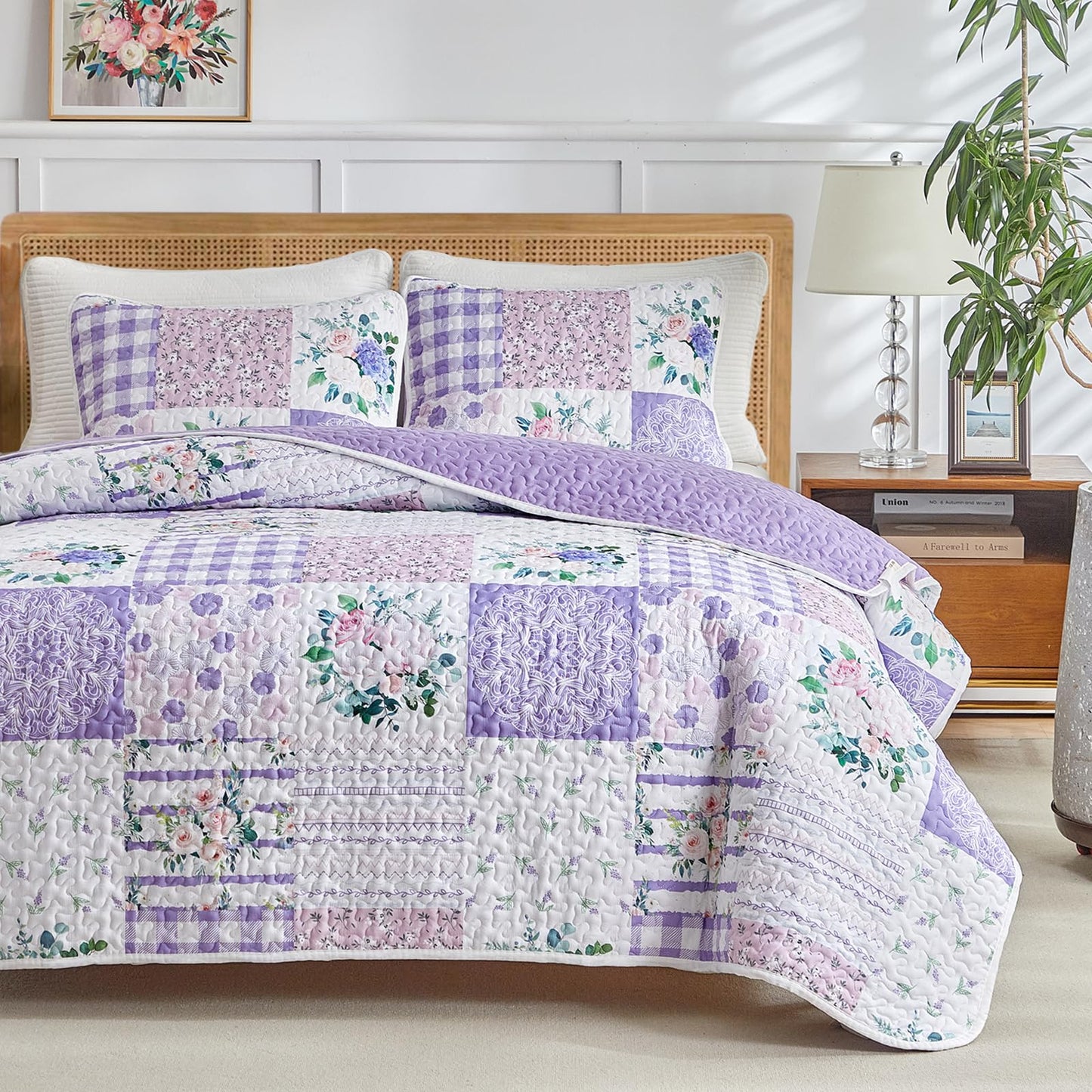 Joyreap 3 Pieces Floral Quilt Set Queen, Patchwork Purple n Pink Flowers Design, Smooth Soft Microfiber Quilt, Bedspread Bed Cover for All Season, 1 Quilt and 2 Pillow Shams- 90x90 inches