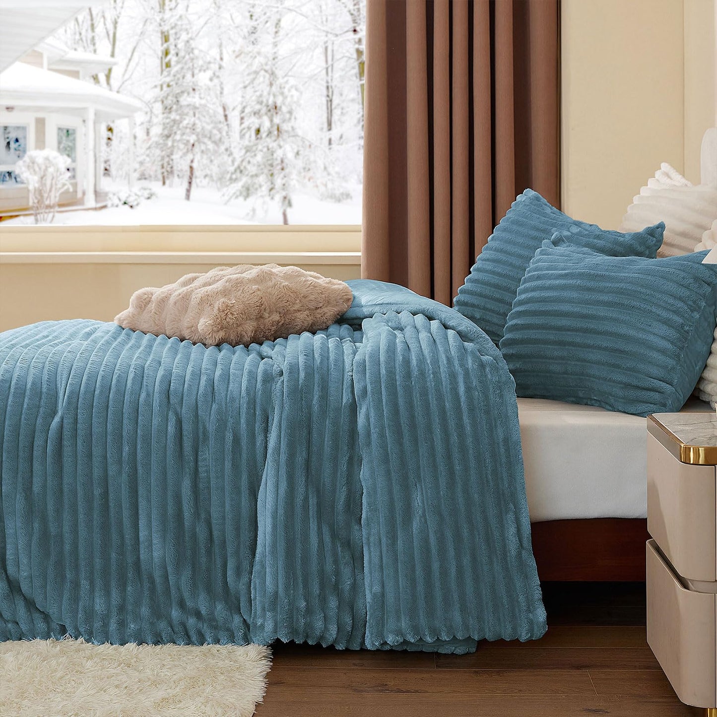 BEDELITE Fleece Queen Comforter Set -Super Soft & Warm Fluffy Blue Fog Bedding, Luxury Fuzzy Heavy Bed Set for All Season with 2 Pillow Cases